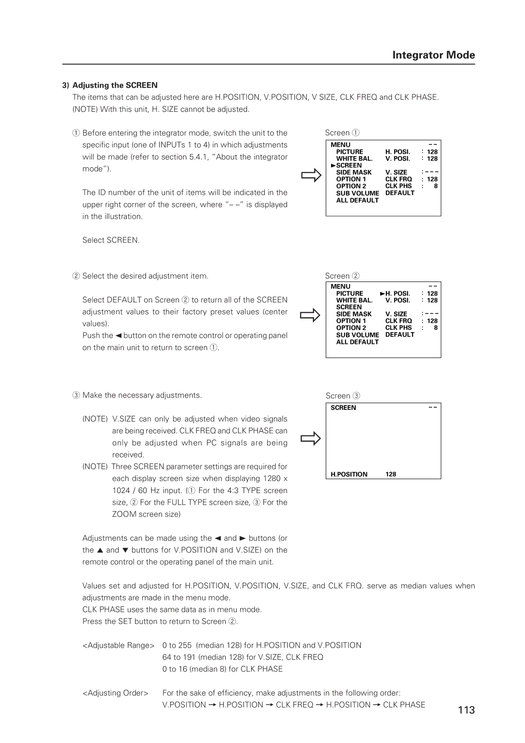 Pioneer 502MX technical manual Adjusting the Screen, Position = H.POSITION = CLK Freq = H.POSITION = CLK Phase 