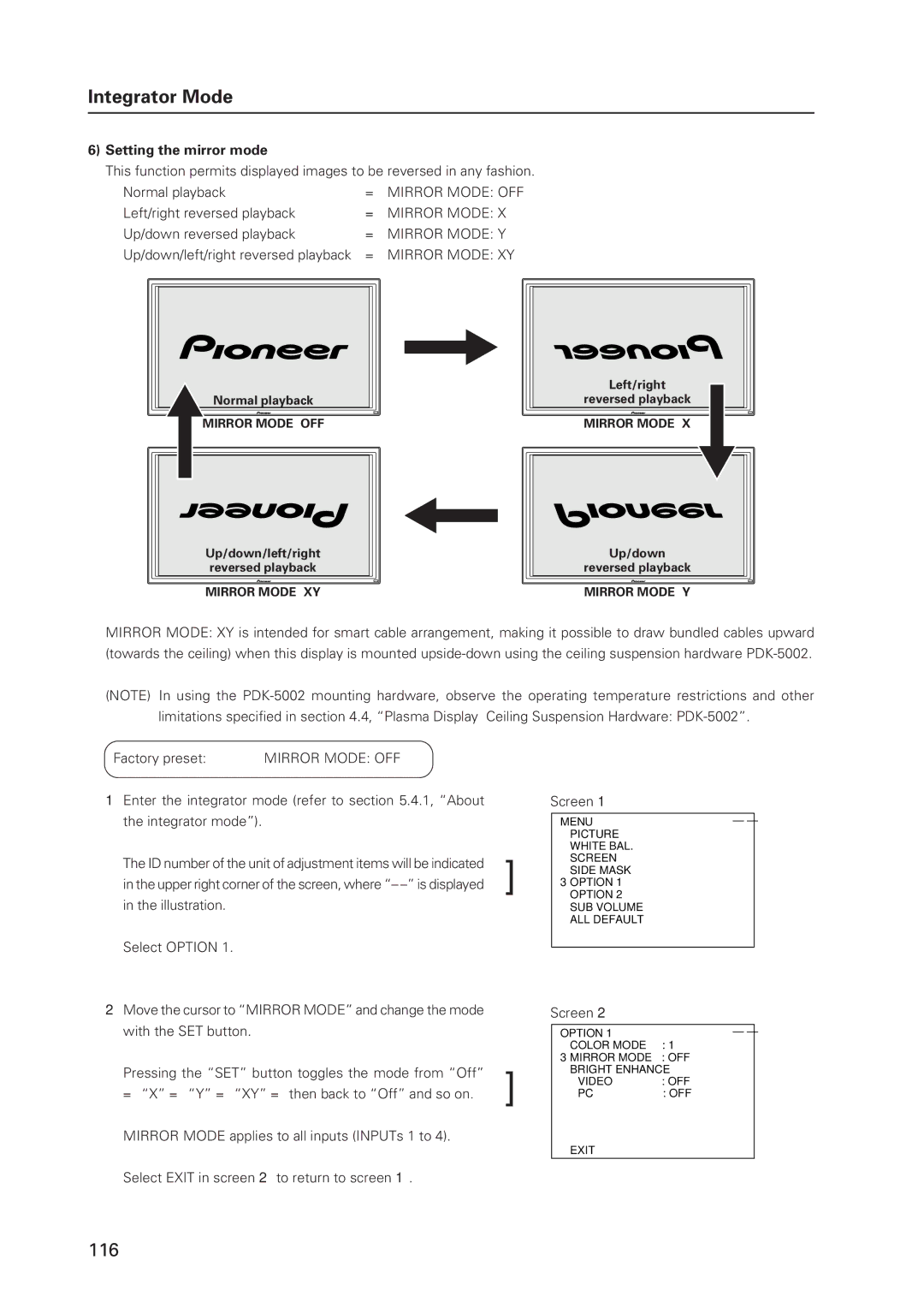 Pioneer 502MX technical manual Setting the mirror mode 