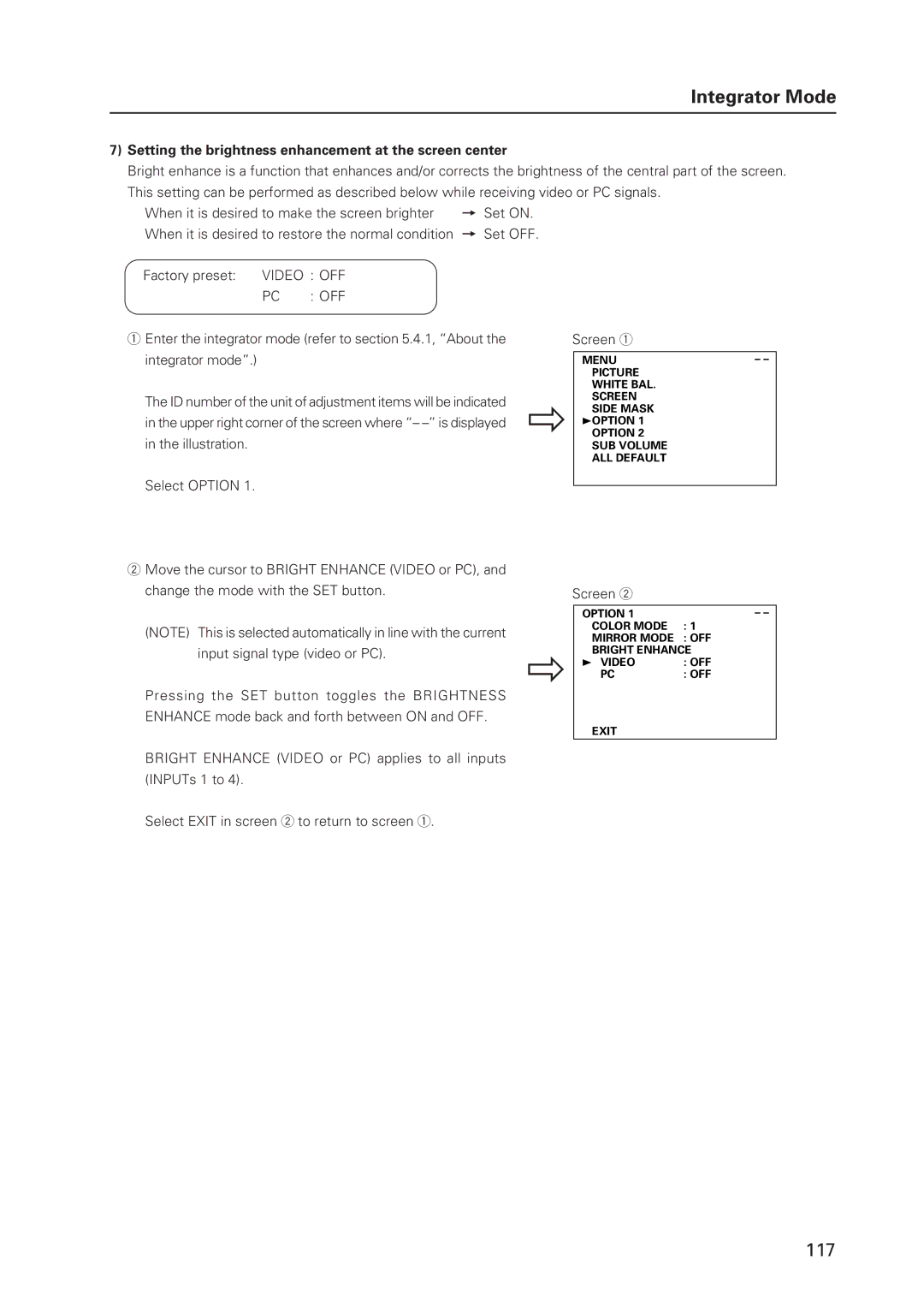 Pioneer 502MX technical manual Setting the brightness enhancement at the screen center, Pc Off 