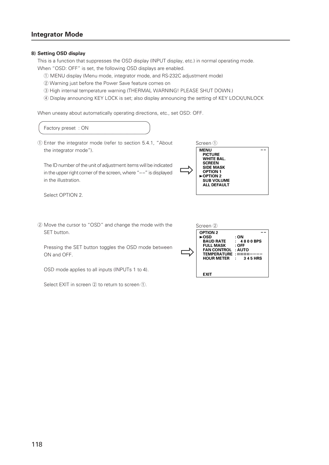 Pioneer 502MX technical manual Setting OSD display, Illustration, Select Option 