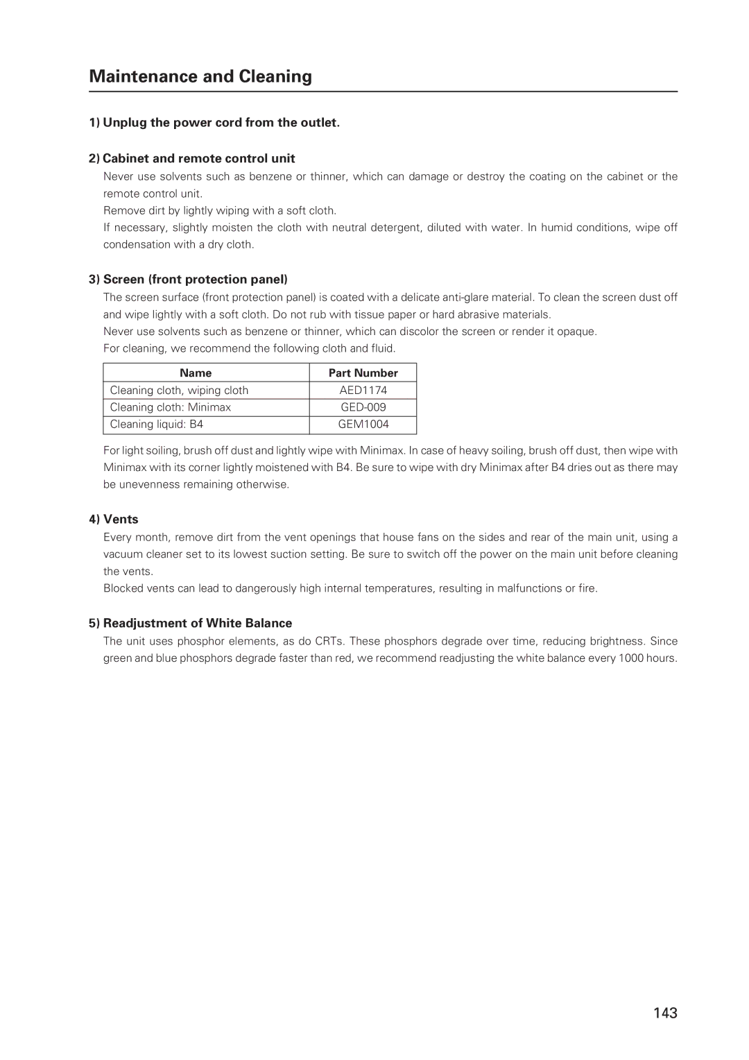 Pioneer 502MX technical manual Screen front protection panel, Vents, Readjustment of White Balance, Name Part Number 