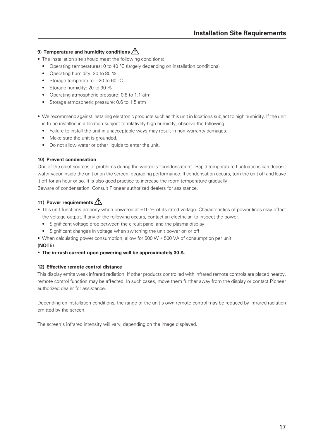 Pioneer 502MX technical manual Temperature and humidity conditions, Prevent condensation, Power requirements 