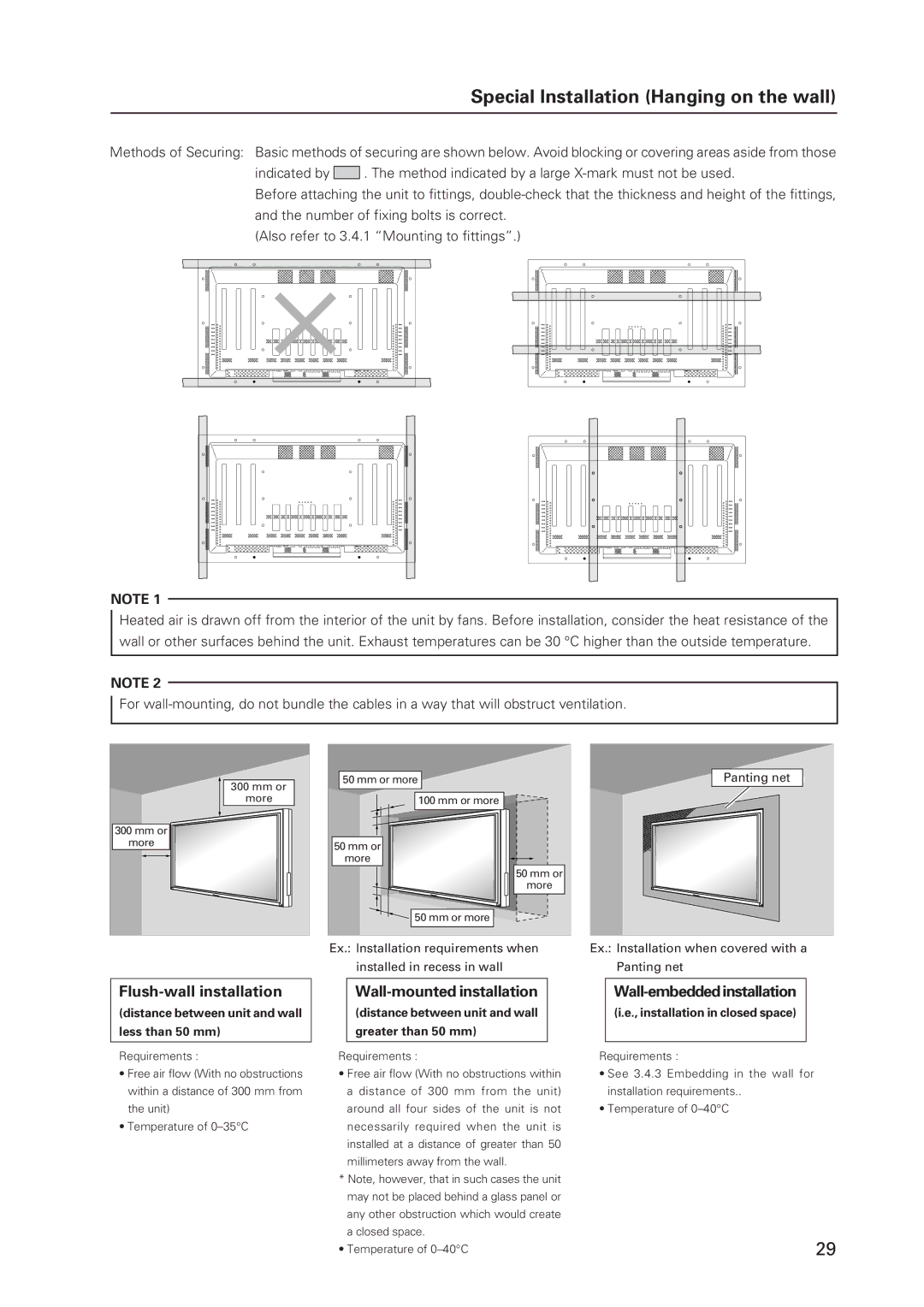 Pioneer 502MX technical manual Special Installation Hanging on the wall, Flush-wall installation, Wall-mounted installation 