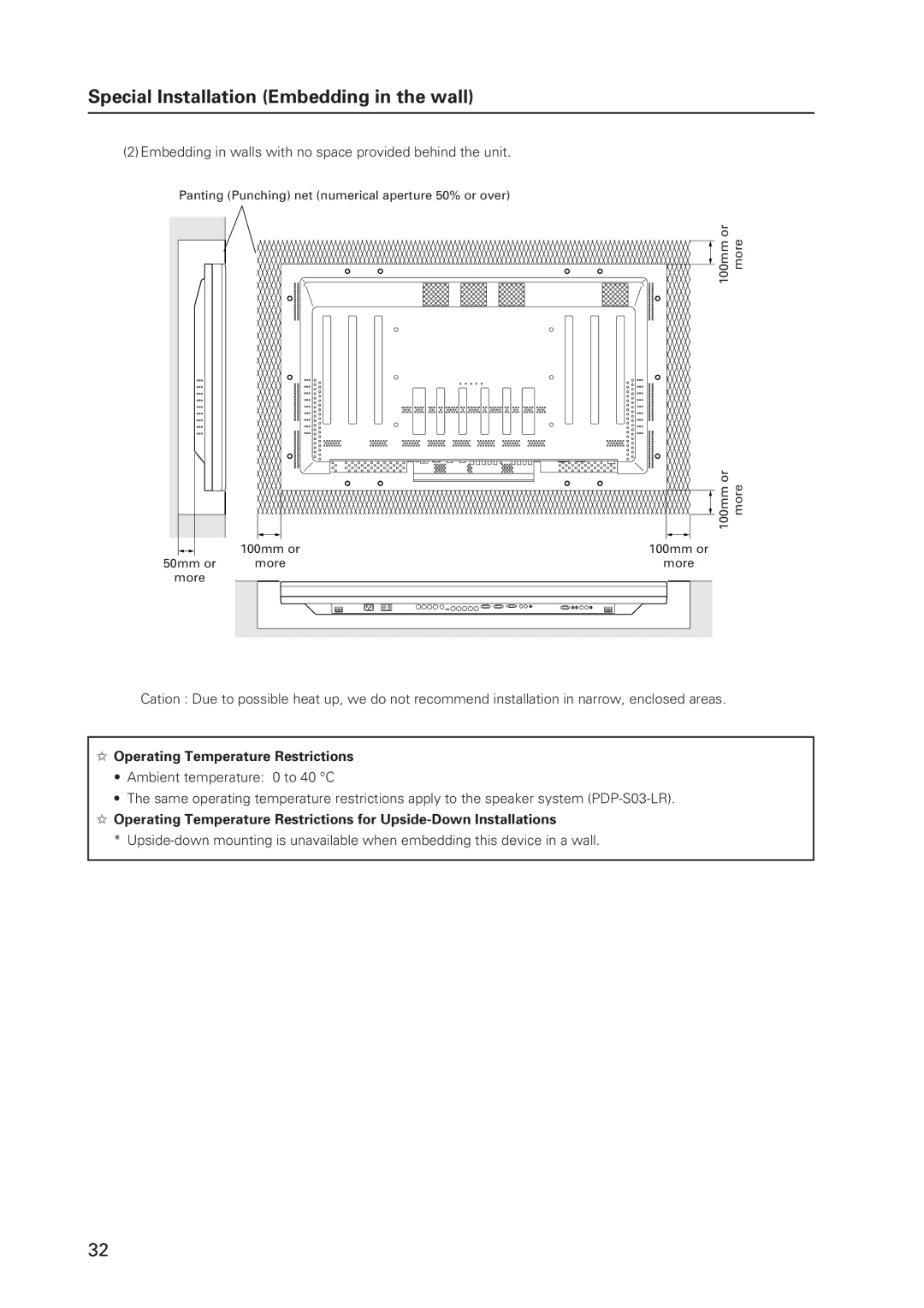 Pioneer 502MX technical manual Embedding in walls with no space provided behind the unit 