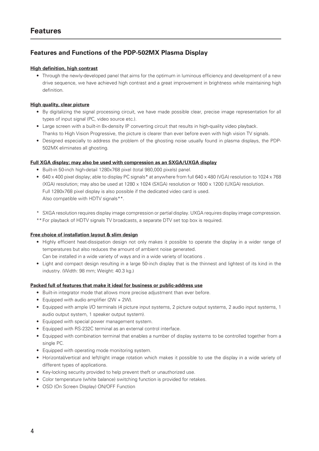 Pioneer technical manual Features and Functions of the PDP-502MX Plasma Display, High definition, high contrast 