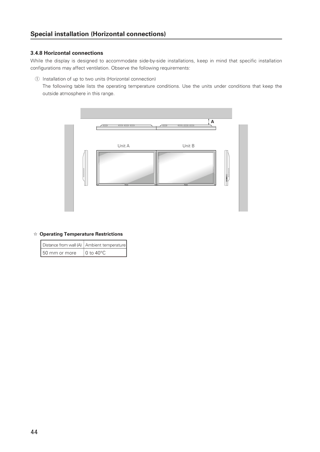 Pioneer 502MX technical manual Special installation Horizontal connections, Mm or more To 40C 