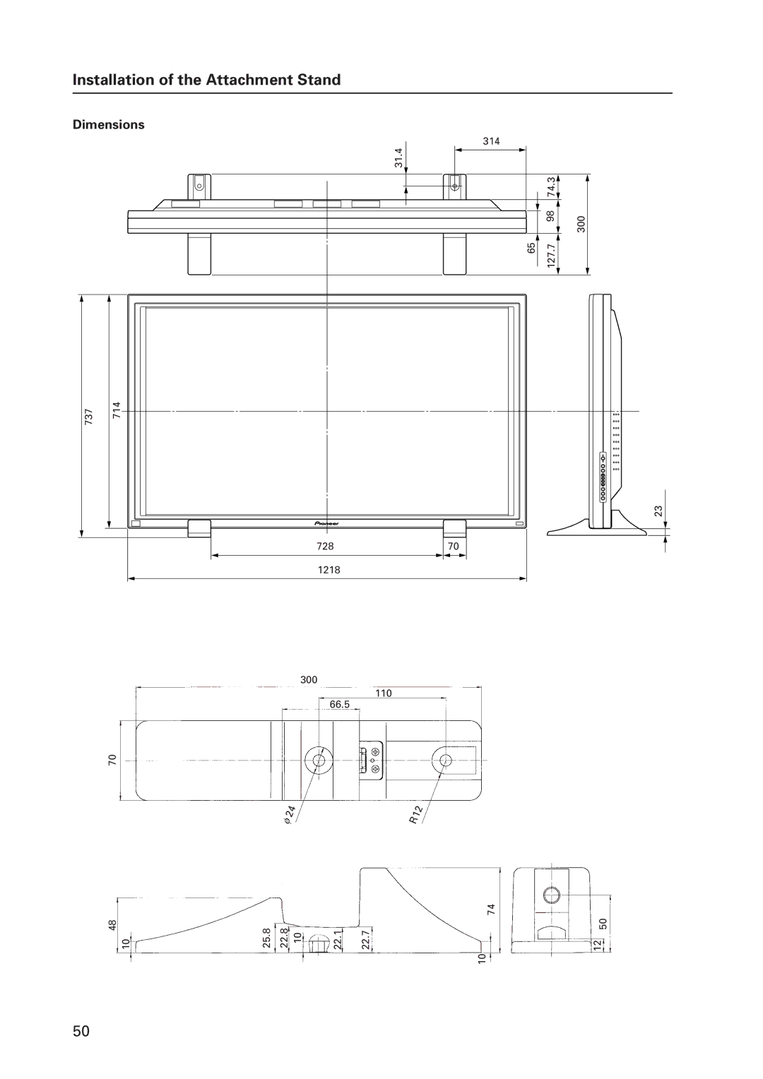 Pioneer 502MX technical manual Dimensions 