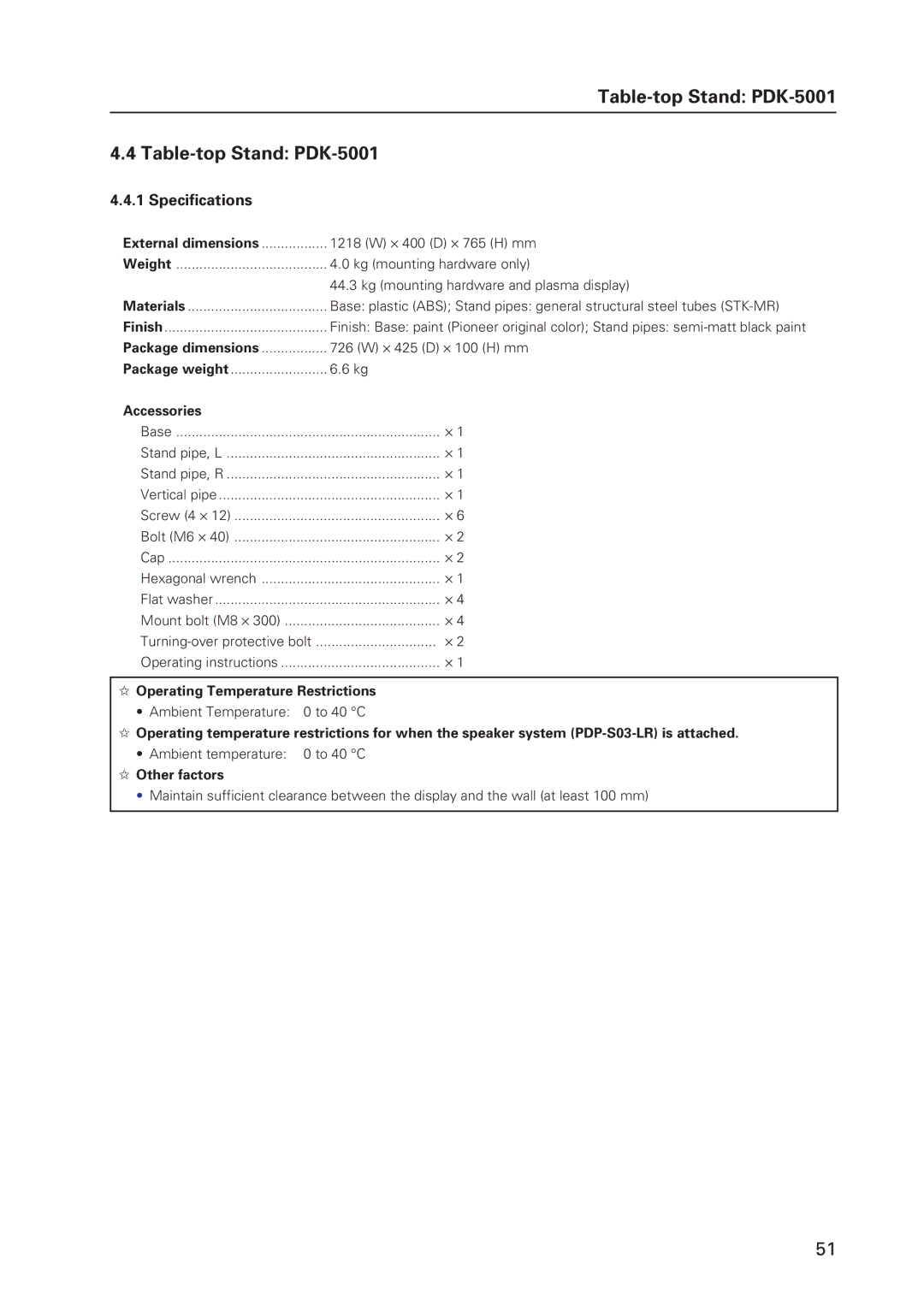 Pioneer 502MX technical manual Table-top Stand PDK-5001, Specifications 