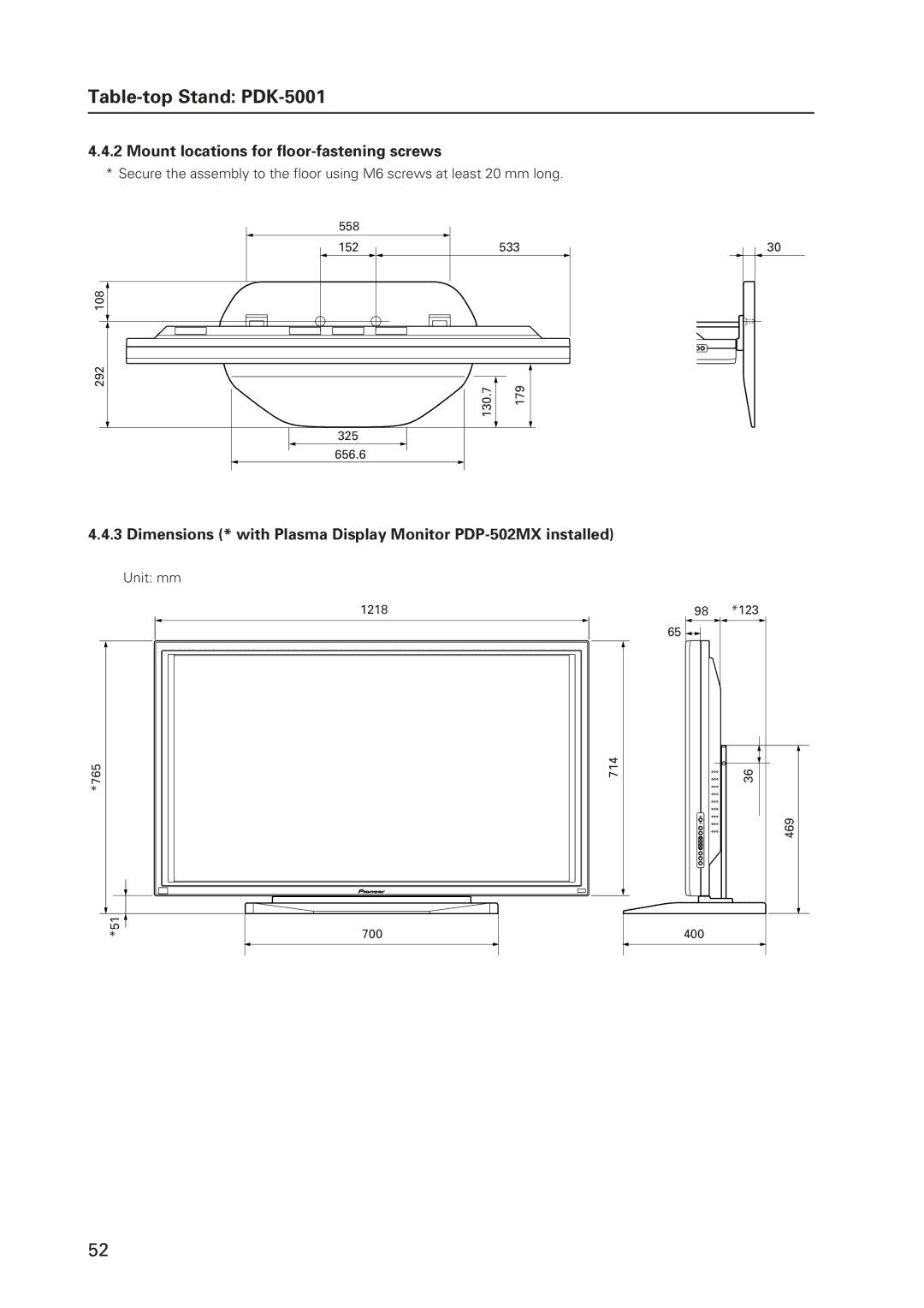 Pioneer 502MX technical manual Mount locations for floor-fastening screws, Unit mm 