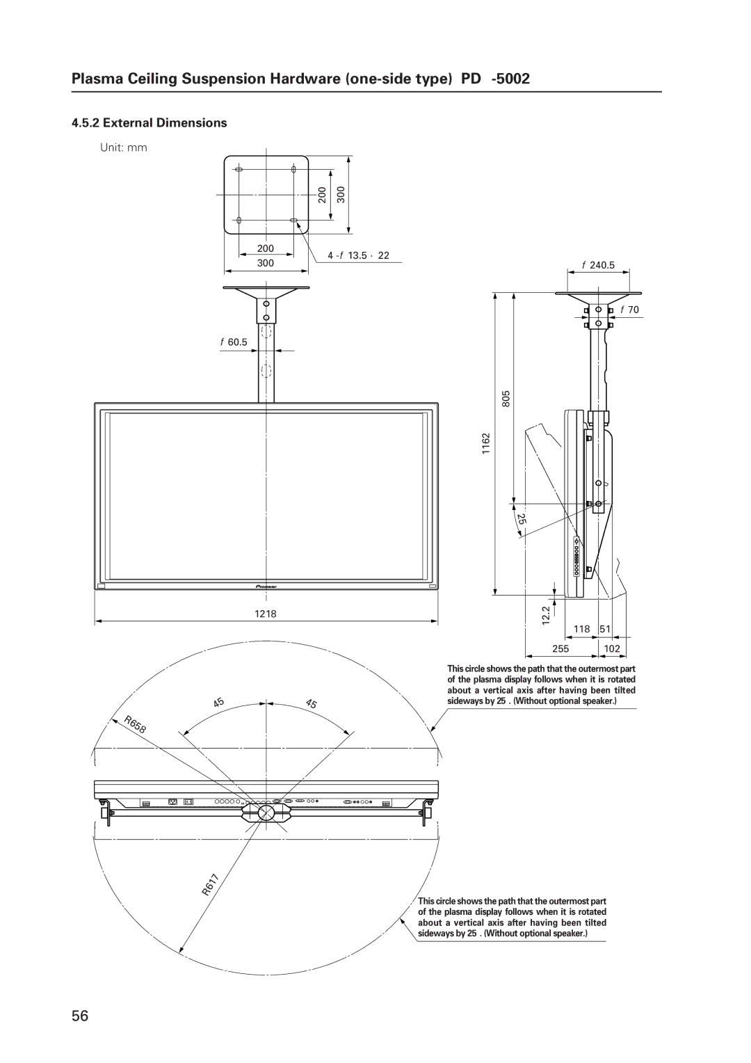 Pioneer 502MX technical manual Plasma Ceiling Suspension Hardware one-side type PDK-5002, External Dimensions 