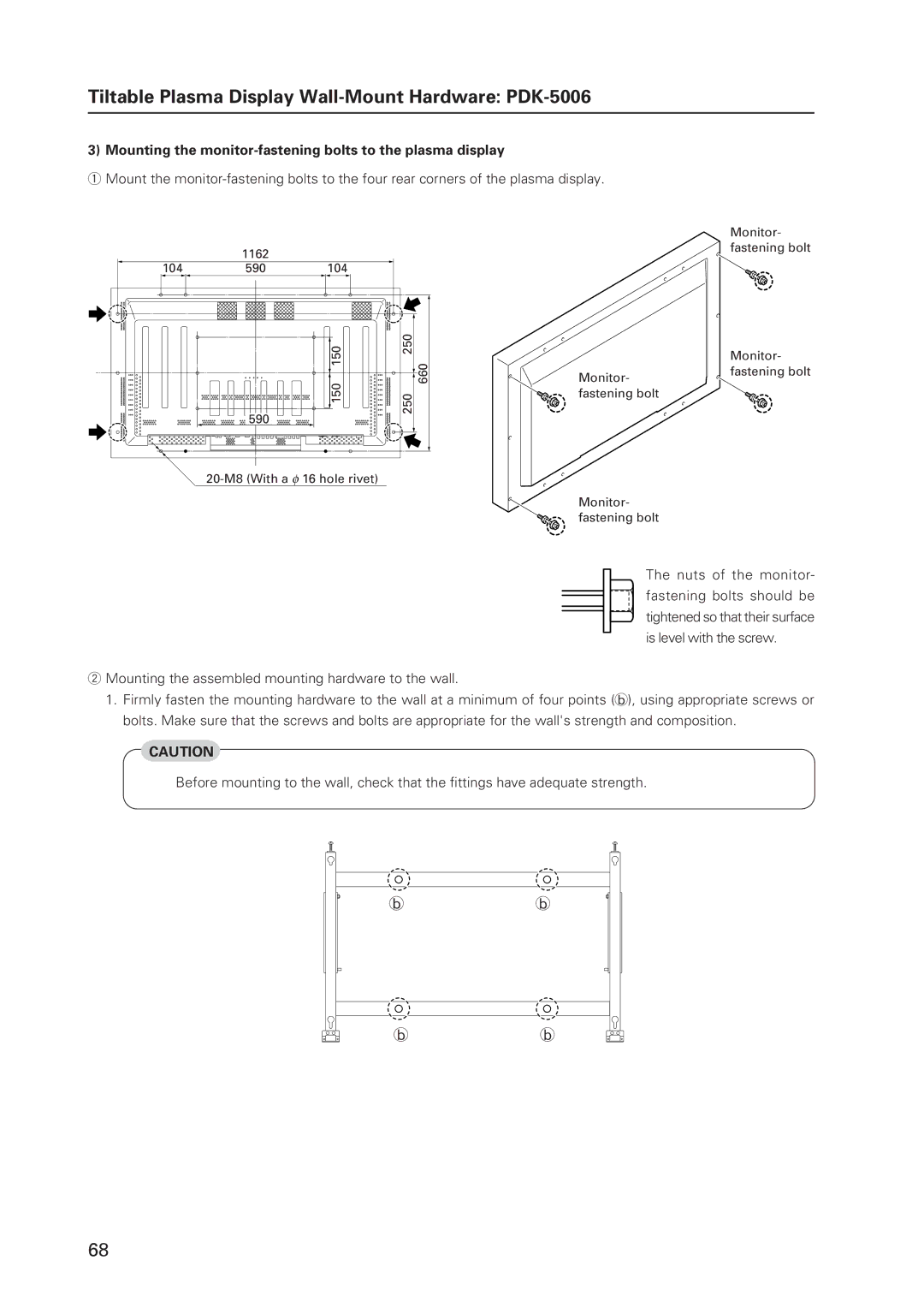 Pioneer 502MX technical manual Mounting the monitor-fastening bolts to the plasma display 