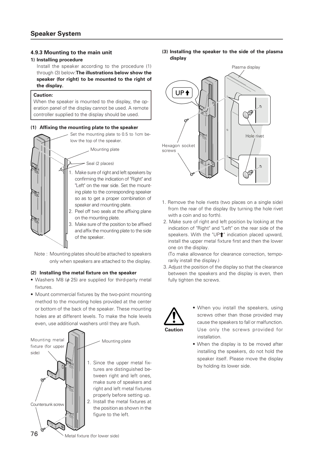 Pioneer 502MX technical manual Speaker System, Installing procedure, Affixing the mounting plate to the speaker 