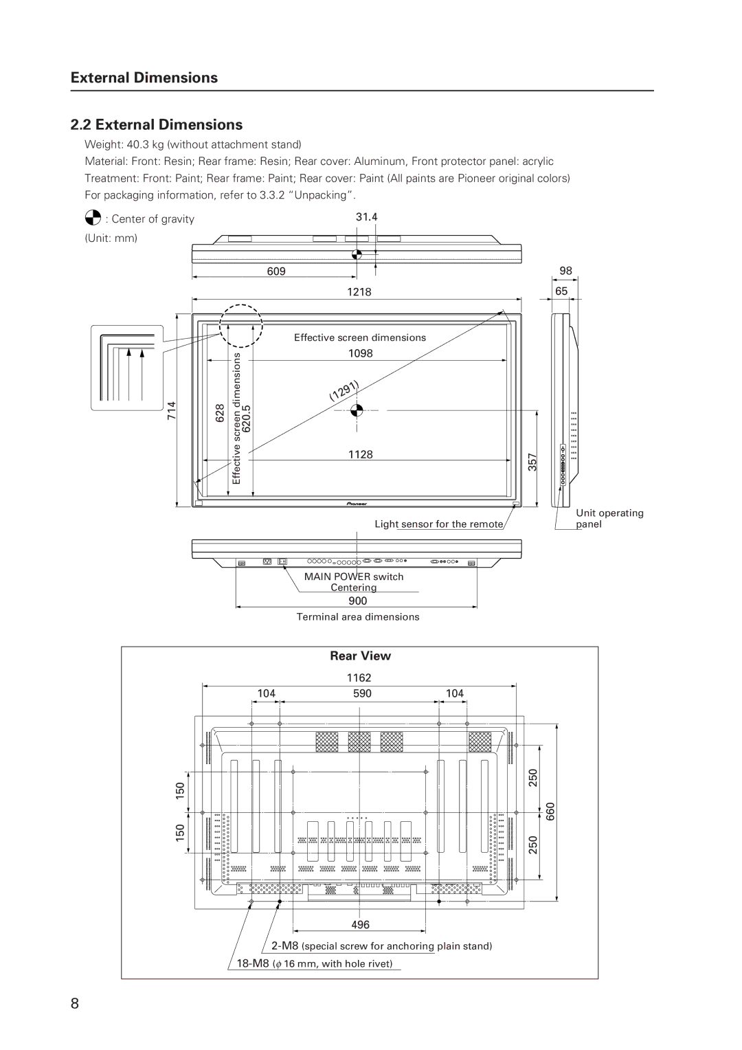 Pioneer 502MX technical manual External Dimensions, Rear View 