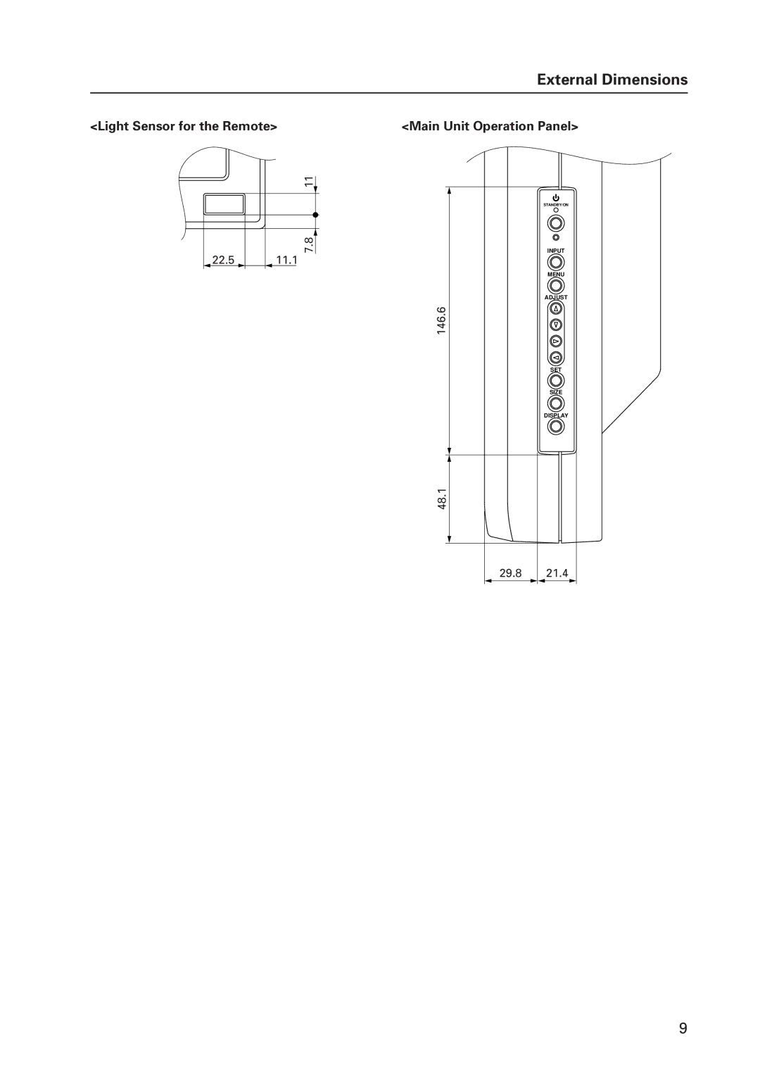 Pioneer 502MX technical manual Light Sensor for the Remote Main Unit Operation Panel, 22.5 11.1 146.6, 48.1 29.8 21.4 