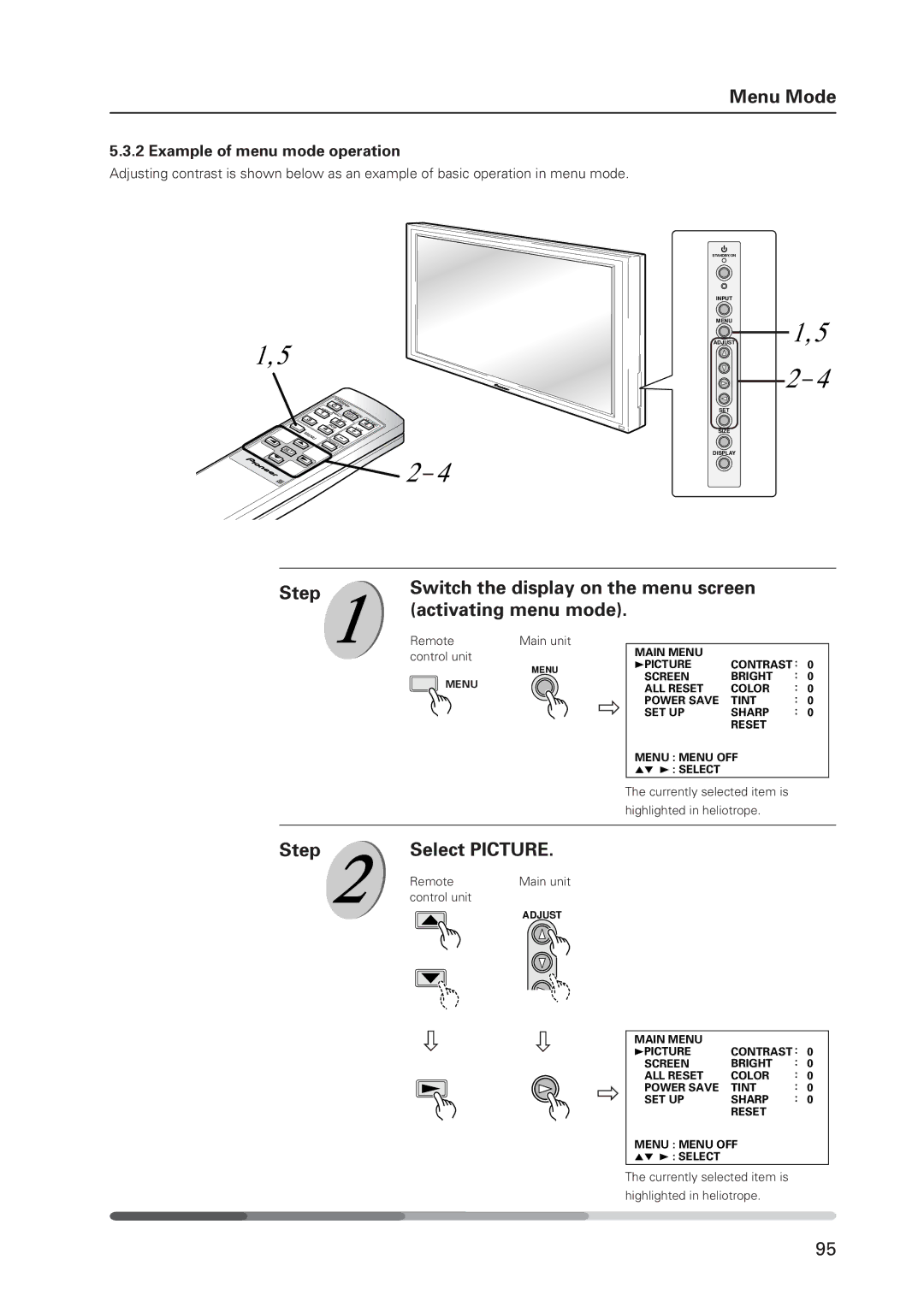 Pioneer 502MX technical manual Select Picture, Example of menu mode operation 