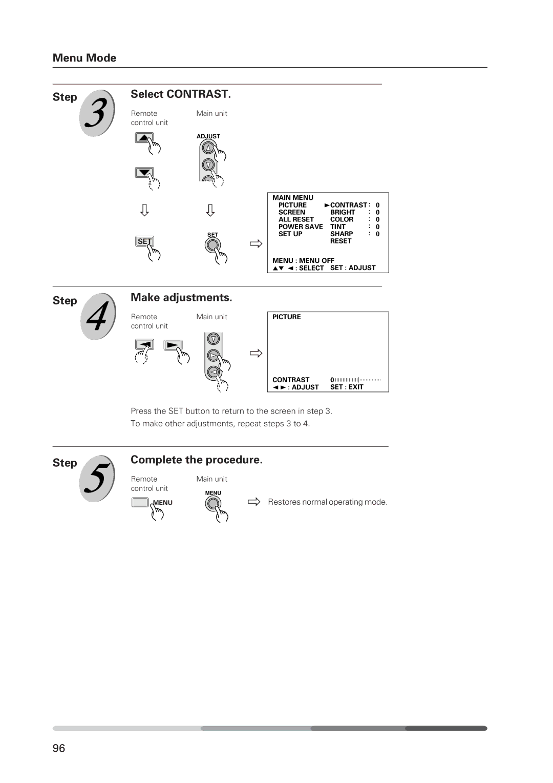 Pioneer 502MX Menu Mode Step, Step Make adjustments, Step Complete the procedure, Restores normal operating mode 