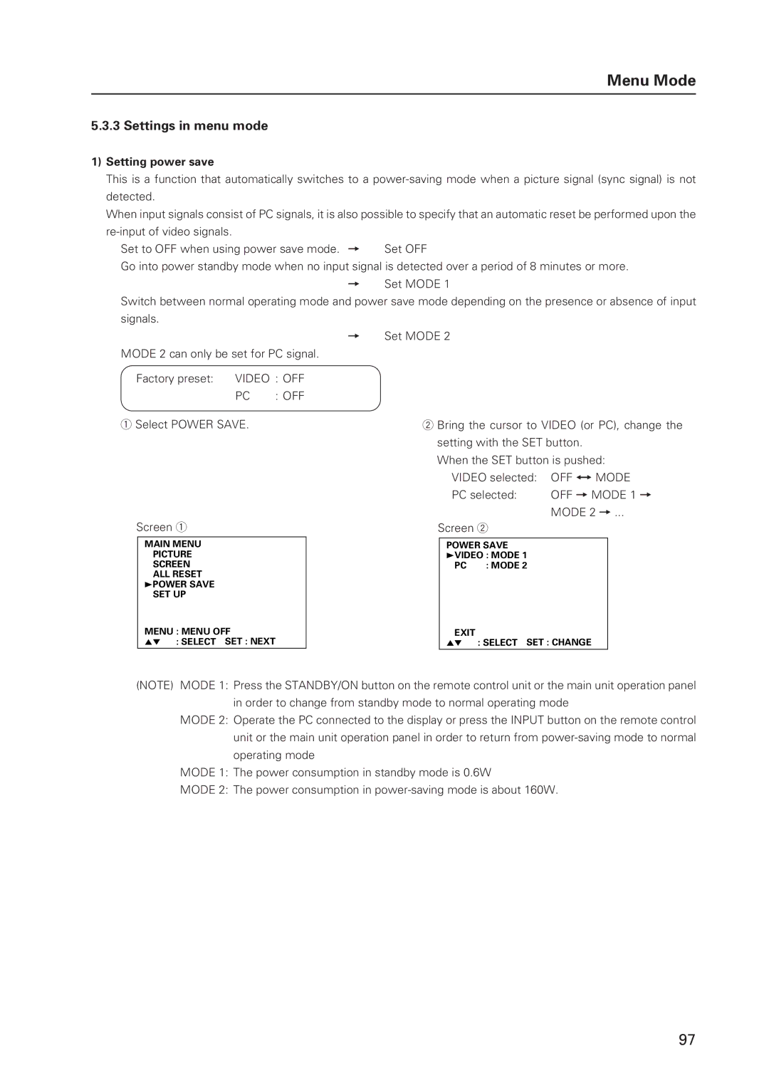 Pioneer 502MX technical manual Settings in menu mode, Setting power save, Pc Off, OFF Ô Mode 