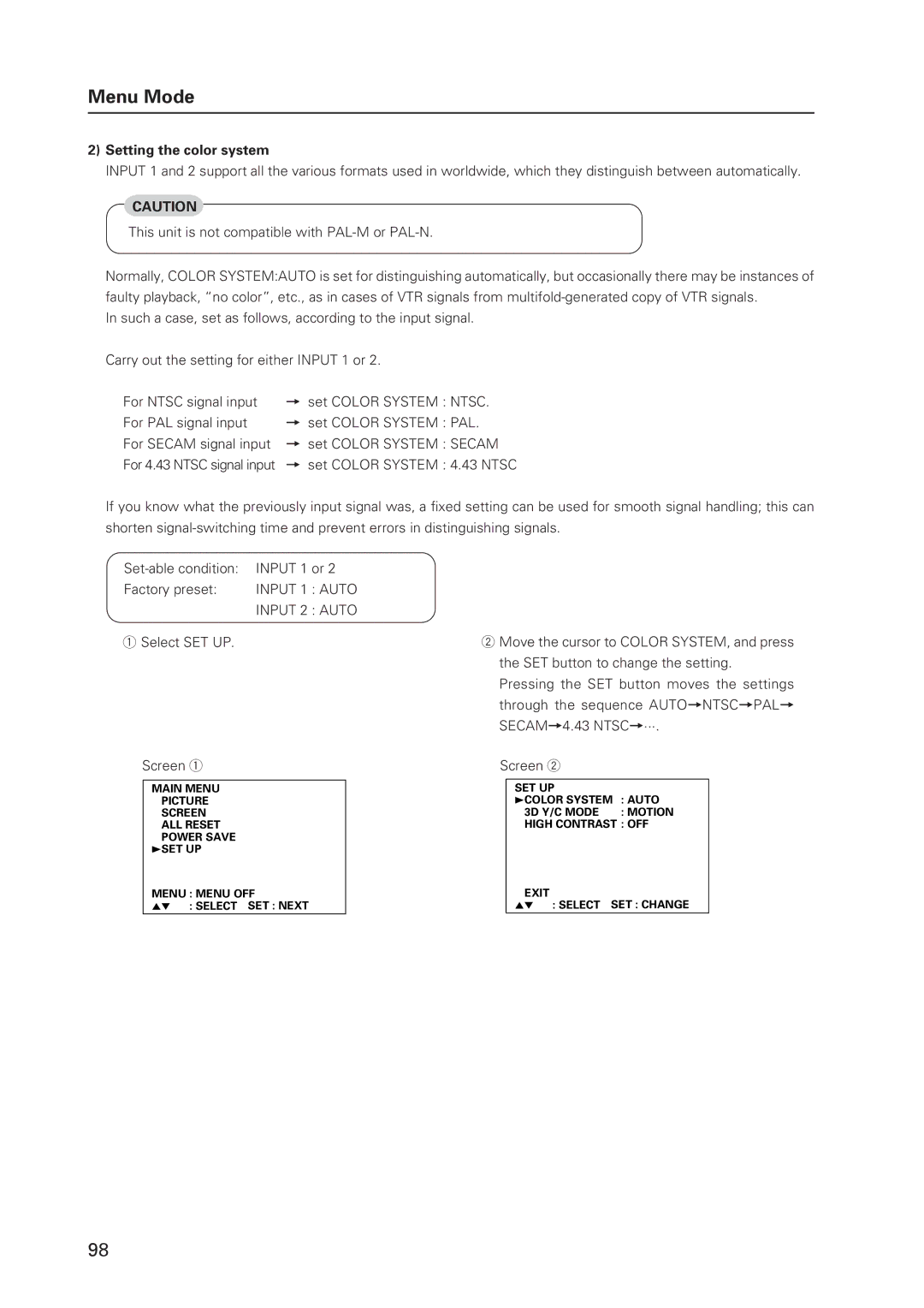 Pioneer 502MX technical manual Setting the color system, = set Color System 4.43 Ntsc 