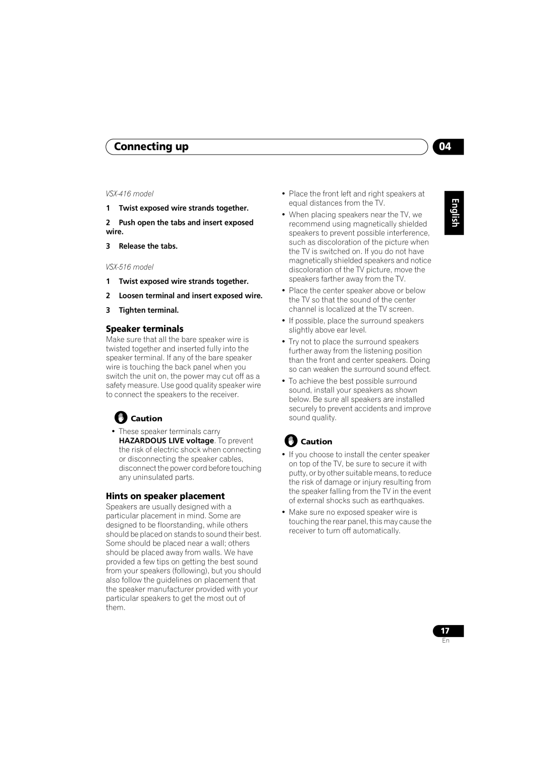 Pioneer VSX-416-S/-K, 516-S/-K manual Speaker terminals, Hints on speaker placement, VSX-416 model, VSX-516 model 