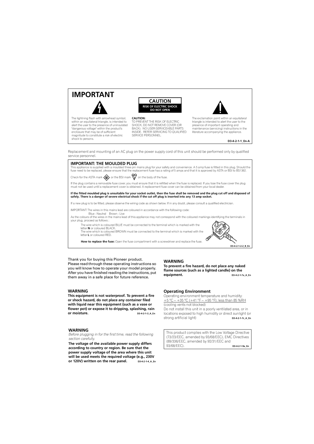 Pioneer 516-S/-K, VSX-416-S/-K manual Important the Moulded Plug, Operating Environment 