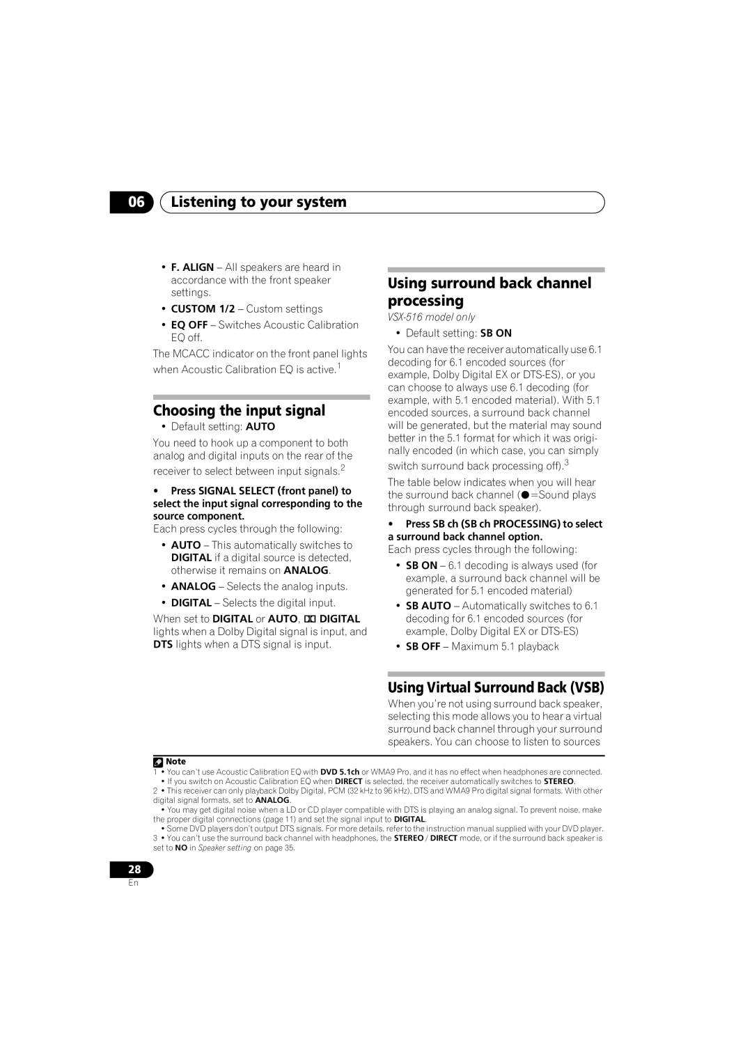 Pioneer 516-S/-K manual Choosing the input signal, Using surround back channel processing, Using Virtual Surround Back VSB 