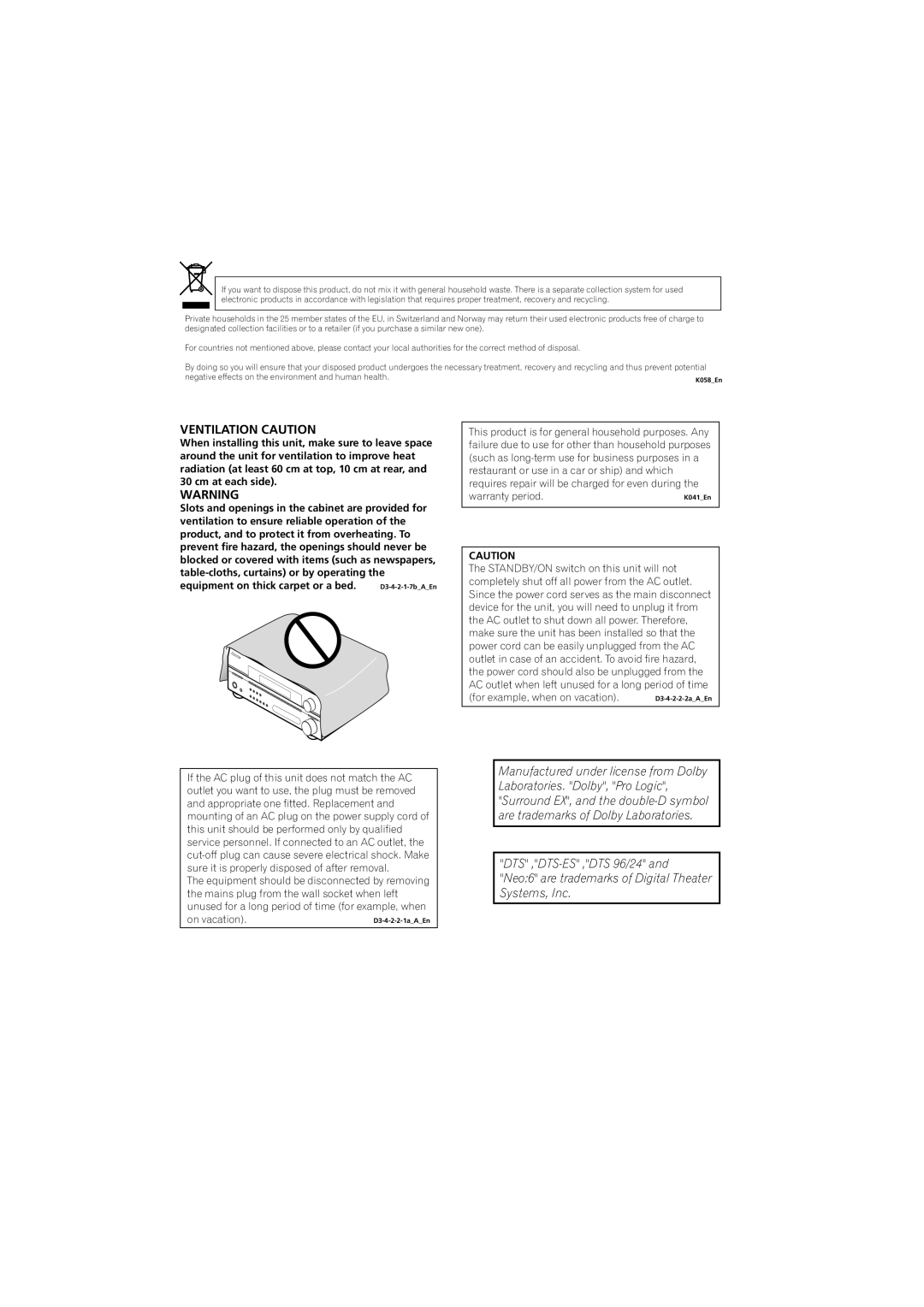 Pioneer VSX-416-S/-K, 516-S/-K manual Ventilation Caution 