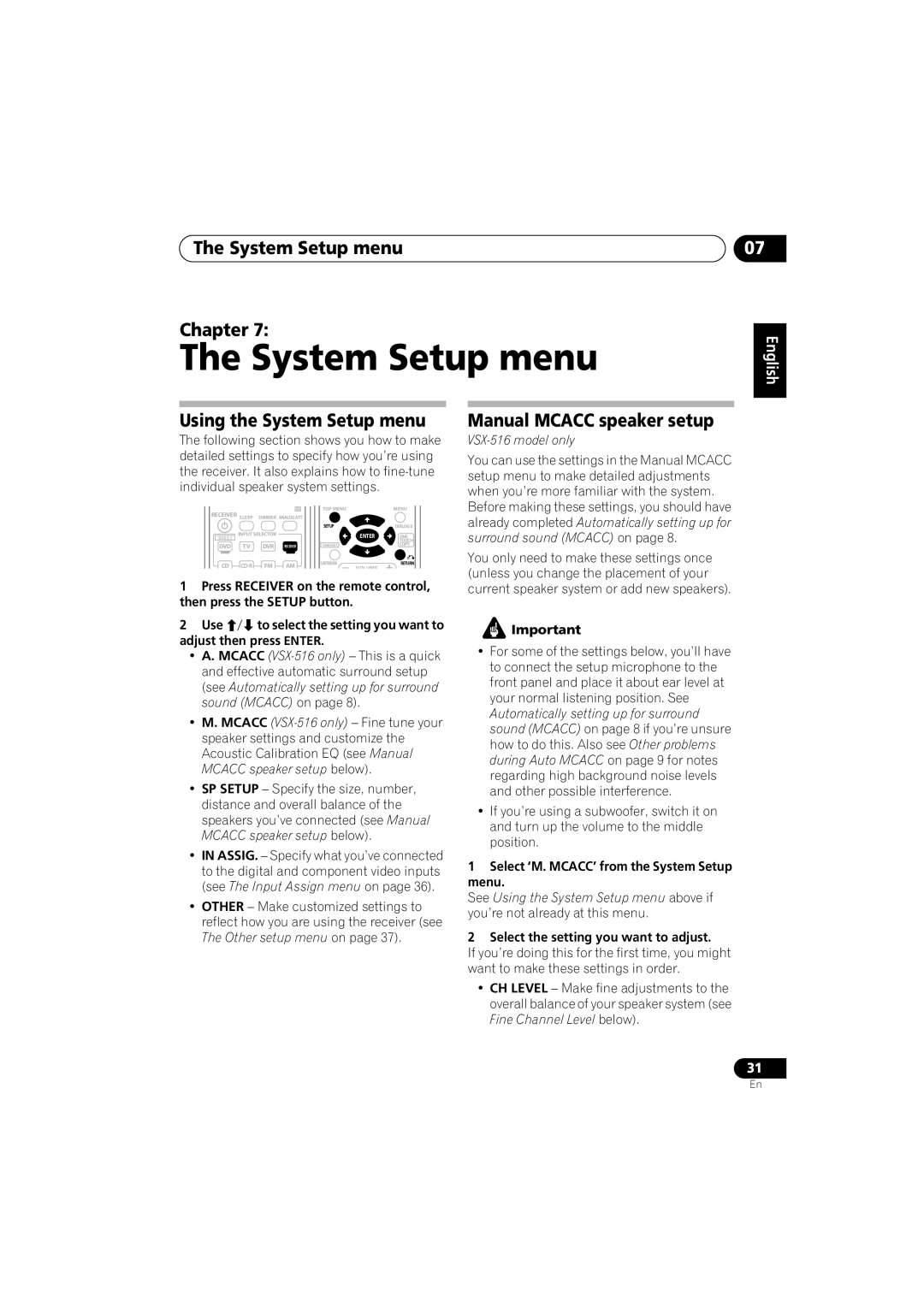 Pioneer VSX-416-S/-K, 516-S/-K manual System Setup menu Chapter, Using the System Setup menu, Manual Mcacc speaker setup 