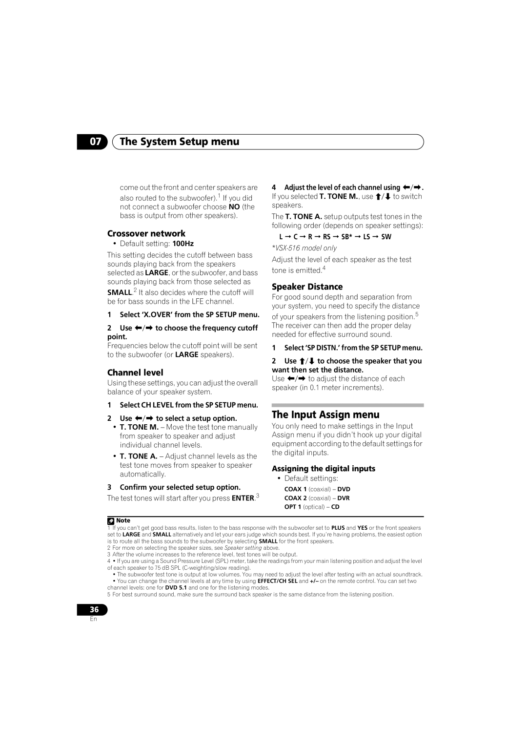 Pioneer 516-S/-K manual Input Assign menu, Crossover network, Channel level, Speaker Distance, Assigning the digital inputs 