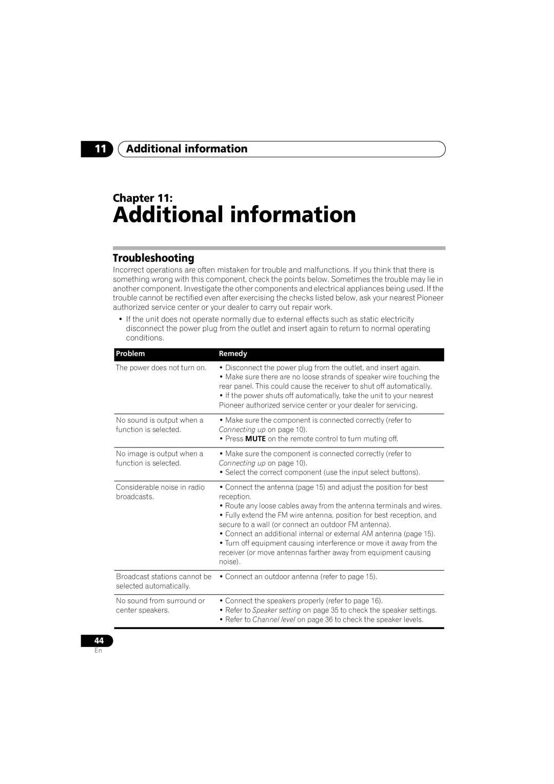 Pioneer 516-S/-K, VSX-416-S/-K manual Additional information Chapter, Troubleshooting, Connecting up on 