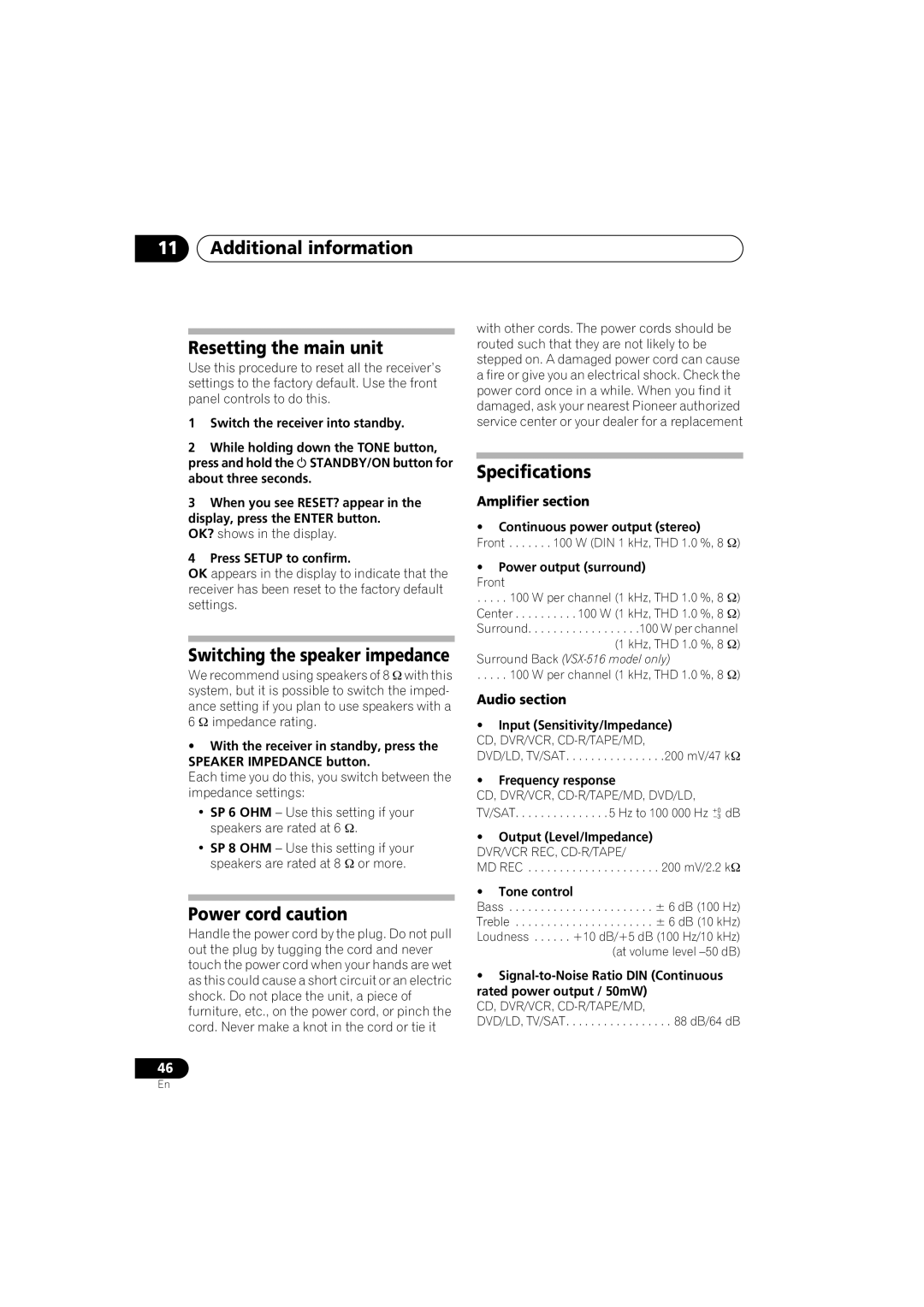 Pioneer 516-S/-K Additional information Resetting the main unit, Power cord caution, Specifications, Amplifier section 