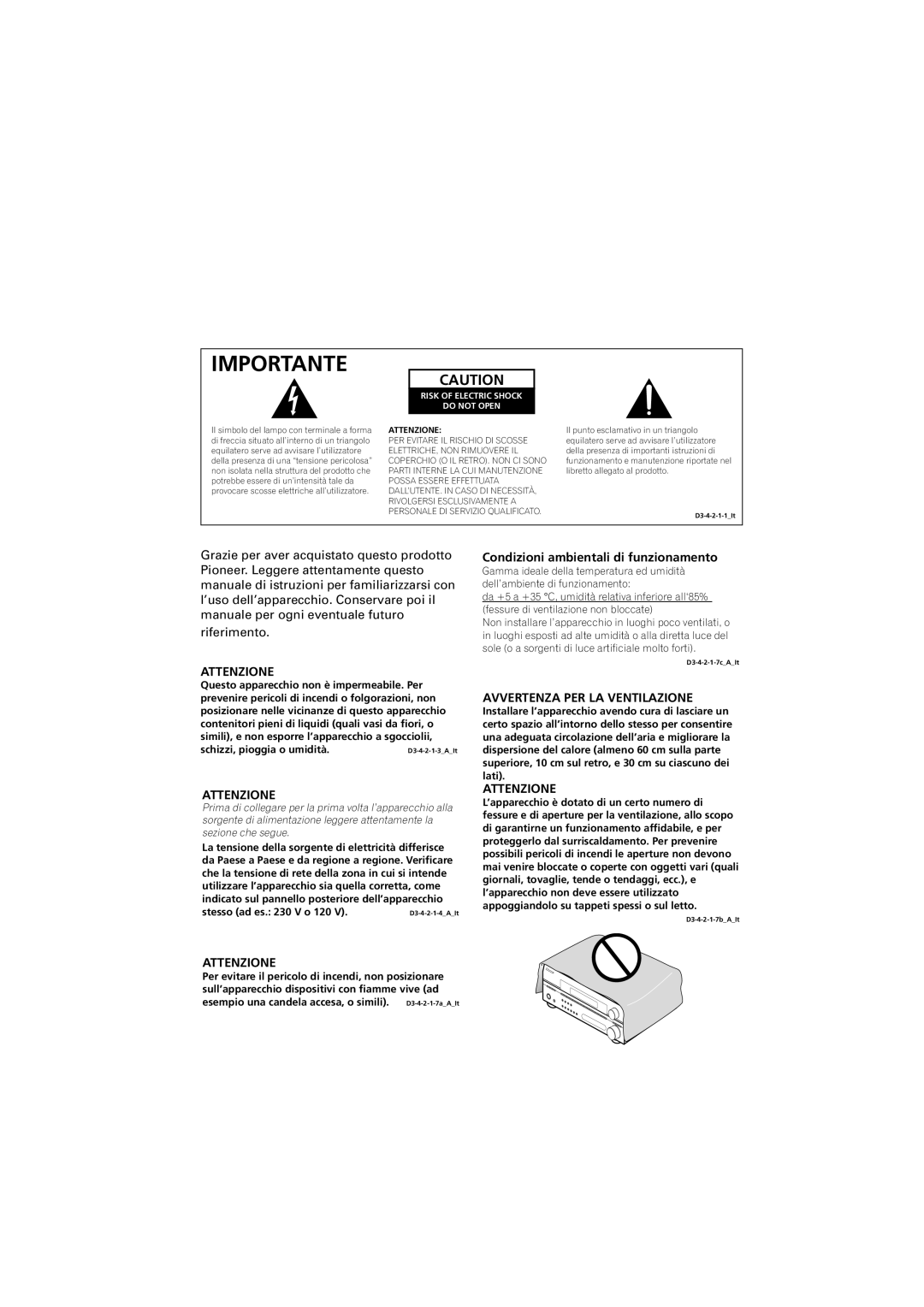 Pioneer 516-S/-K, VSX-416-S/-K manual Attenzione, Condizioni ambientali di funzionamento, Avvertenza PER LA Ventilazione 