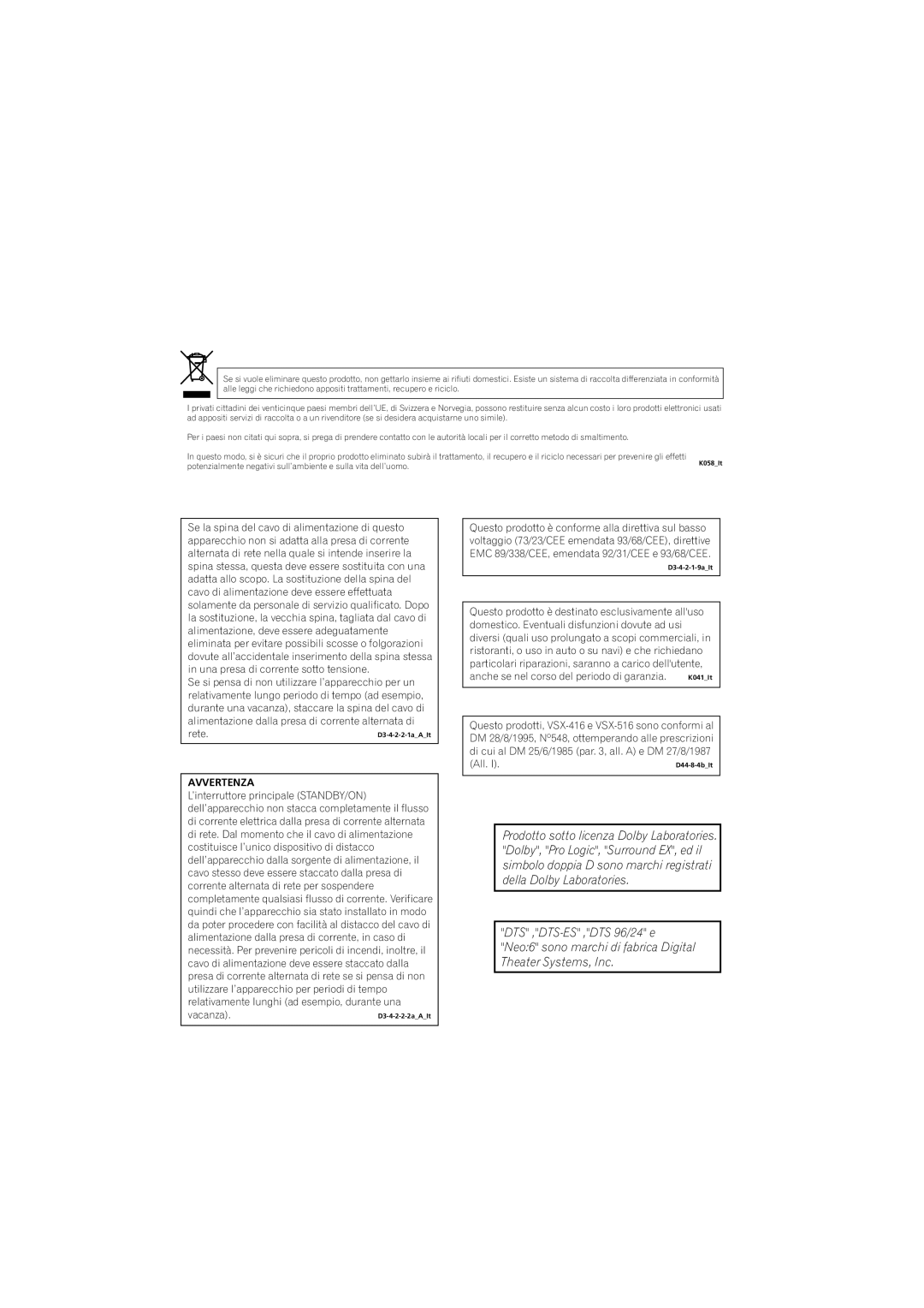 Pioneer VSX-416-S/-K, 516-S/-K manual Della Dolby Laboratories, Neo6 sono marchi di fabrica Digital, Theater Systems, Inc 