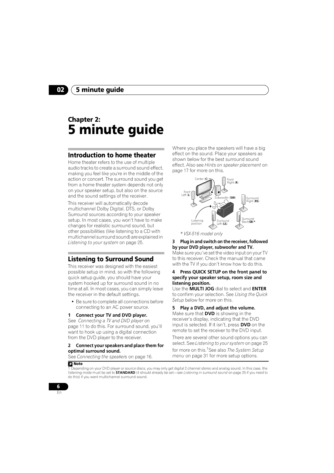 Pioneer 516-S/-K manual Minute guide, 02 5 minute guide Chapter, Introduction to home theater, Listening to Surround Sound 