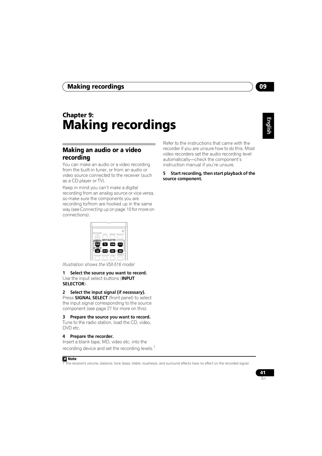 Pioneer VSX-416-S/-K Making recordings Chapter, Making an audio or a video recording, English, Nederlands Español 