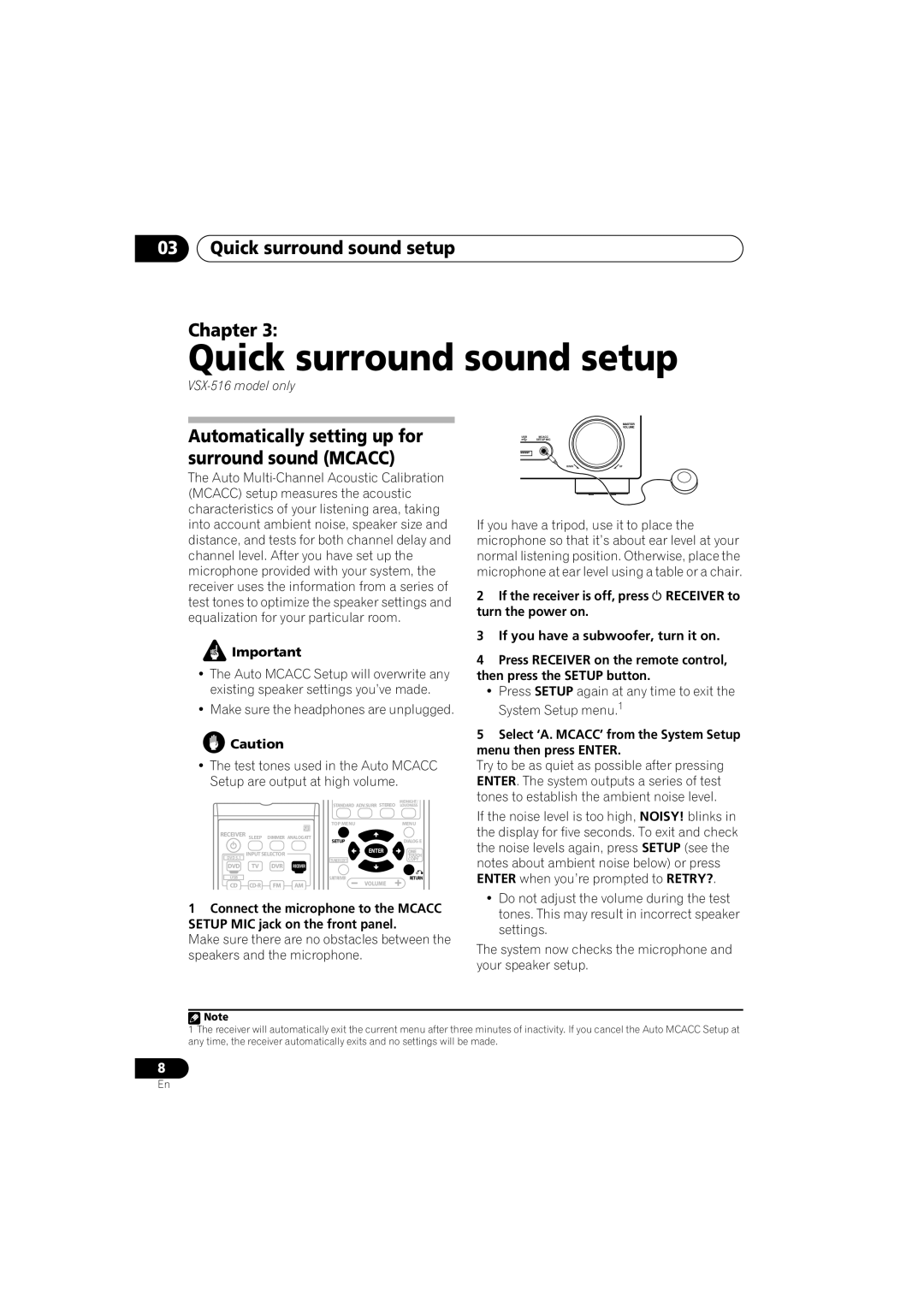 Pioneer 516-S/-K, VSX-416-S/-K Quick surround sound setup Chapter, Automatically setting up for surround sound MCACC 
