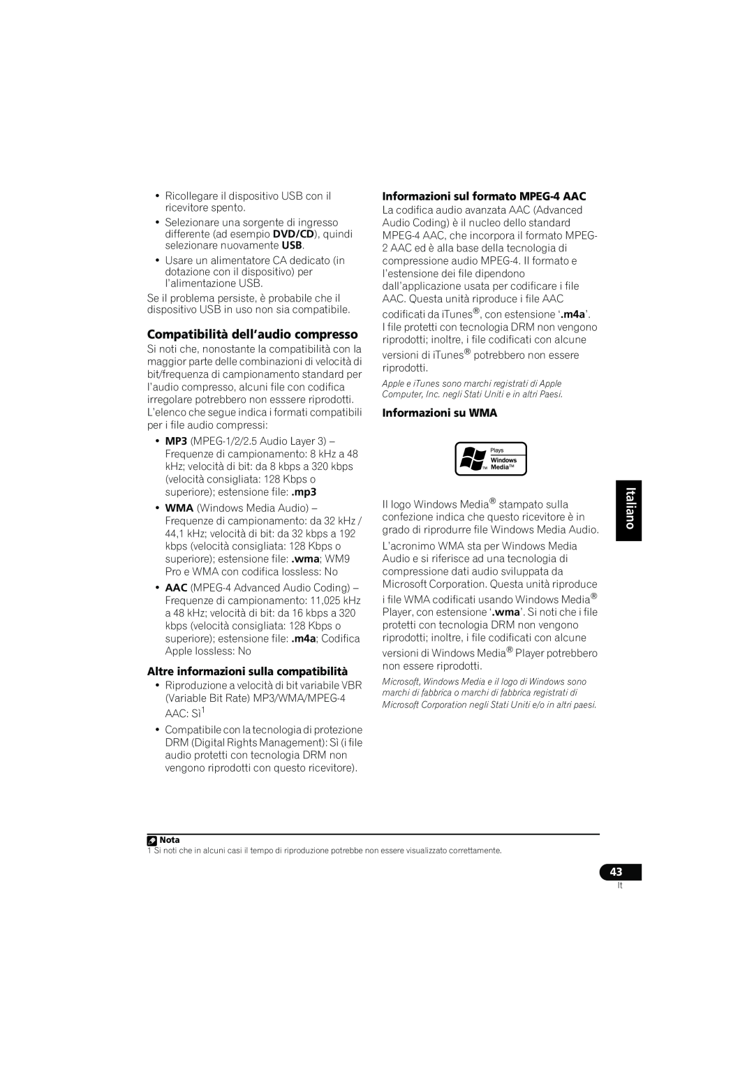 Pioneer VSX-416-S/-K manual Compatibilità dell’audio compresso, Altre informazioni sulla compatibilità, Informazioni su WMA 