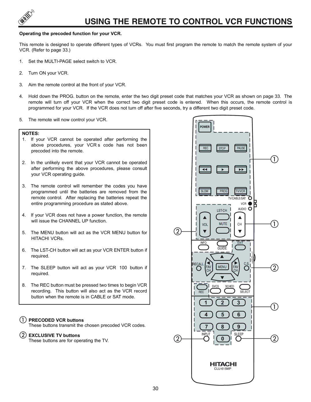 Pioneer 53SBX59B, 61SBX59B manual Using the Remote to Control VCR Functions, Operating the precoded function for your VCR 