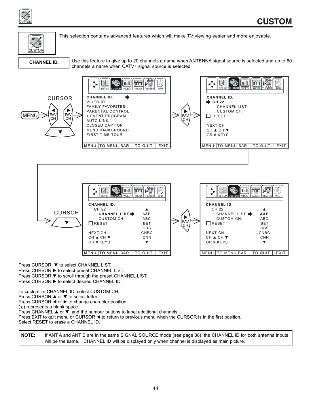 Pioneer 53SBX59B, 61SBX59B manual Custom, Channel ID Channel List 