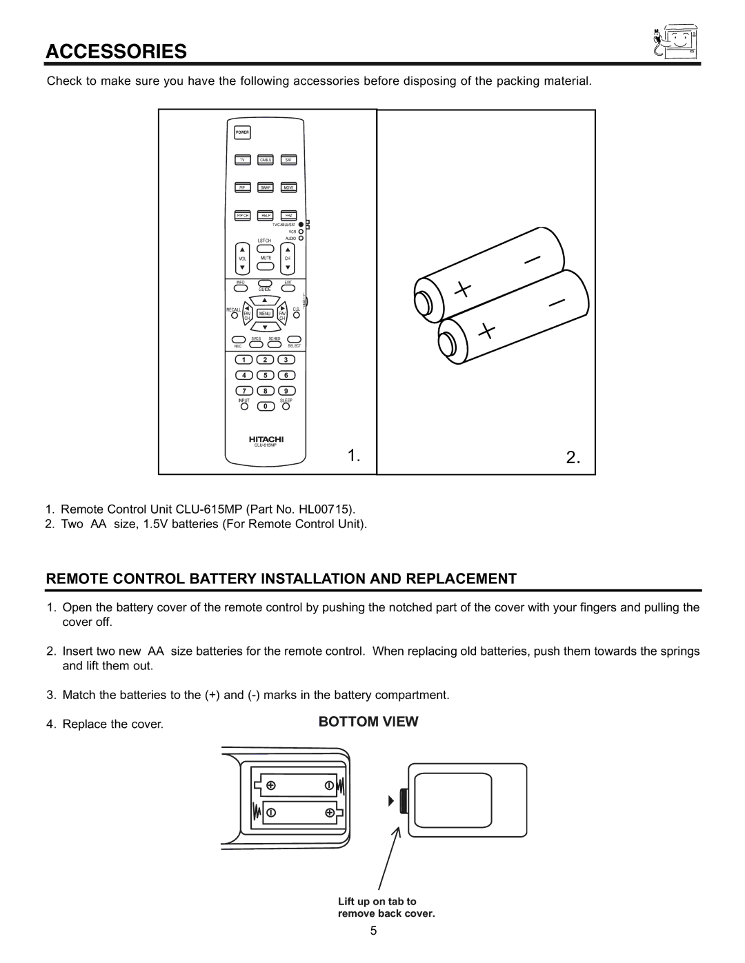 Pioneer 61SBX59B, 53SBX59B manual Accessories, Remote Control Battery Installation and Replacement 