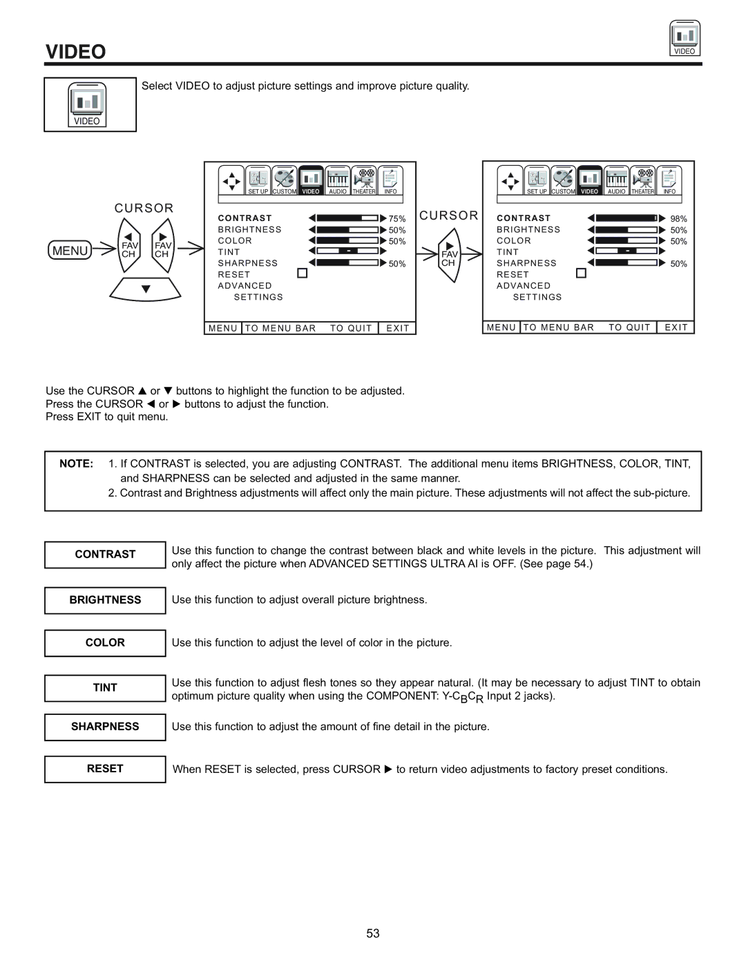 Pioneer 61SBX59B, 53SBX59B manual Video, Contrast Brightness Color Tint, Sharpness, Reset, N T R a S T 