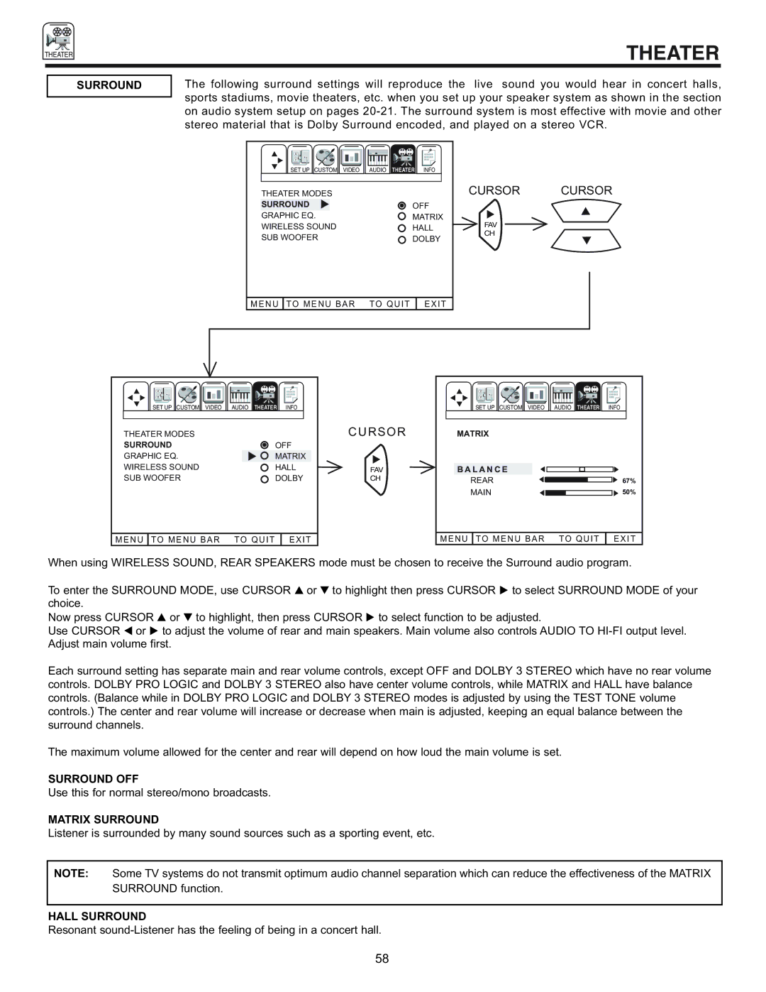 Pioneer 53SBX59B, 61SBX59B manual Surround OFF, Matrix Surround, Hall Surround 