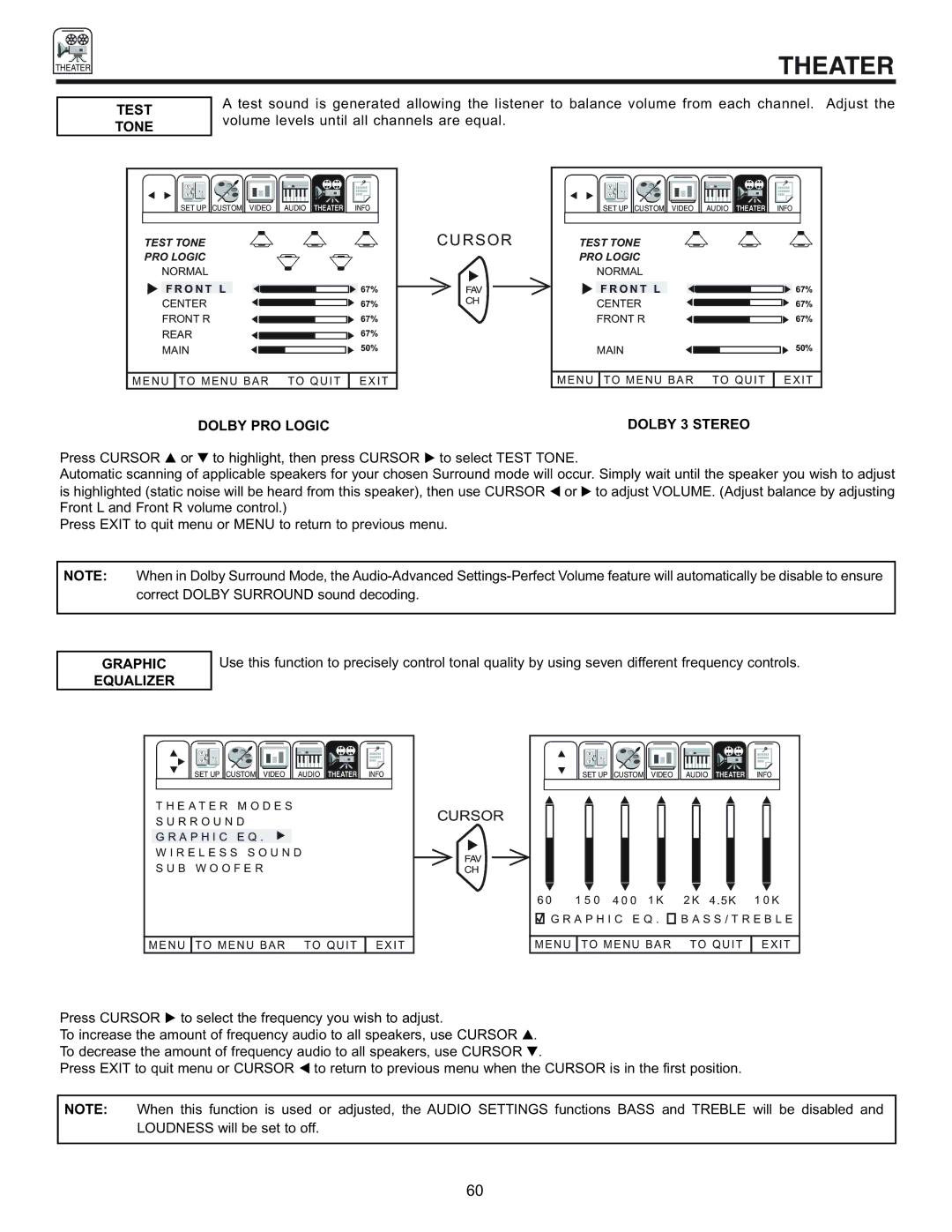 Pioneer 53SBX59B, 61SBX59B manual Test Tone, Dolby PRO Logicdolby 3 Stereo, Graphic Equalizer 