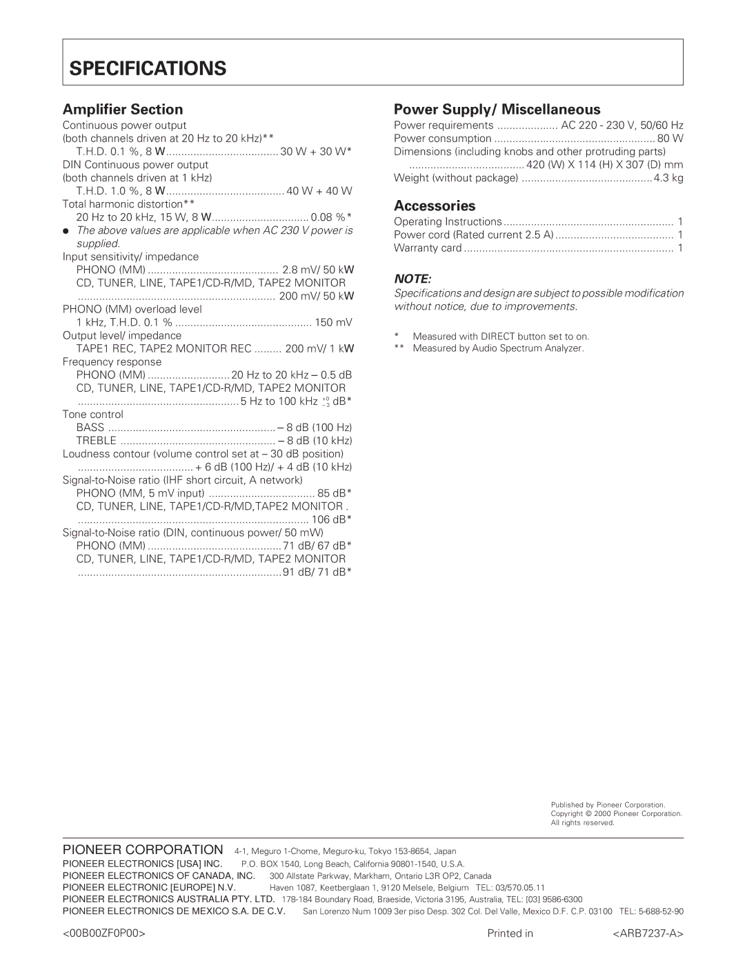 Pioneer A-109 manual Specifications, Amplifier Section 