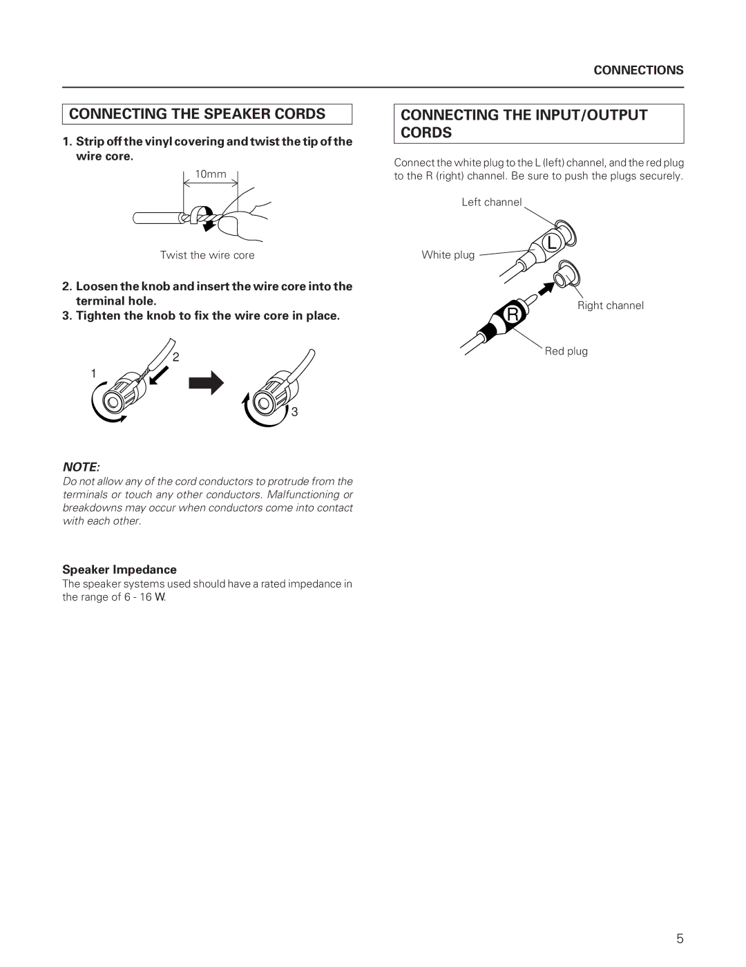 Pioneer A-109 manual Connecting the Speaker Cords, Connecting the INPUT/OUTPUT Cords, Speaker Impedance 