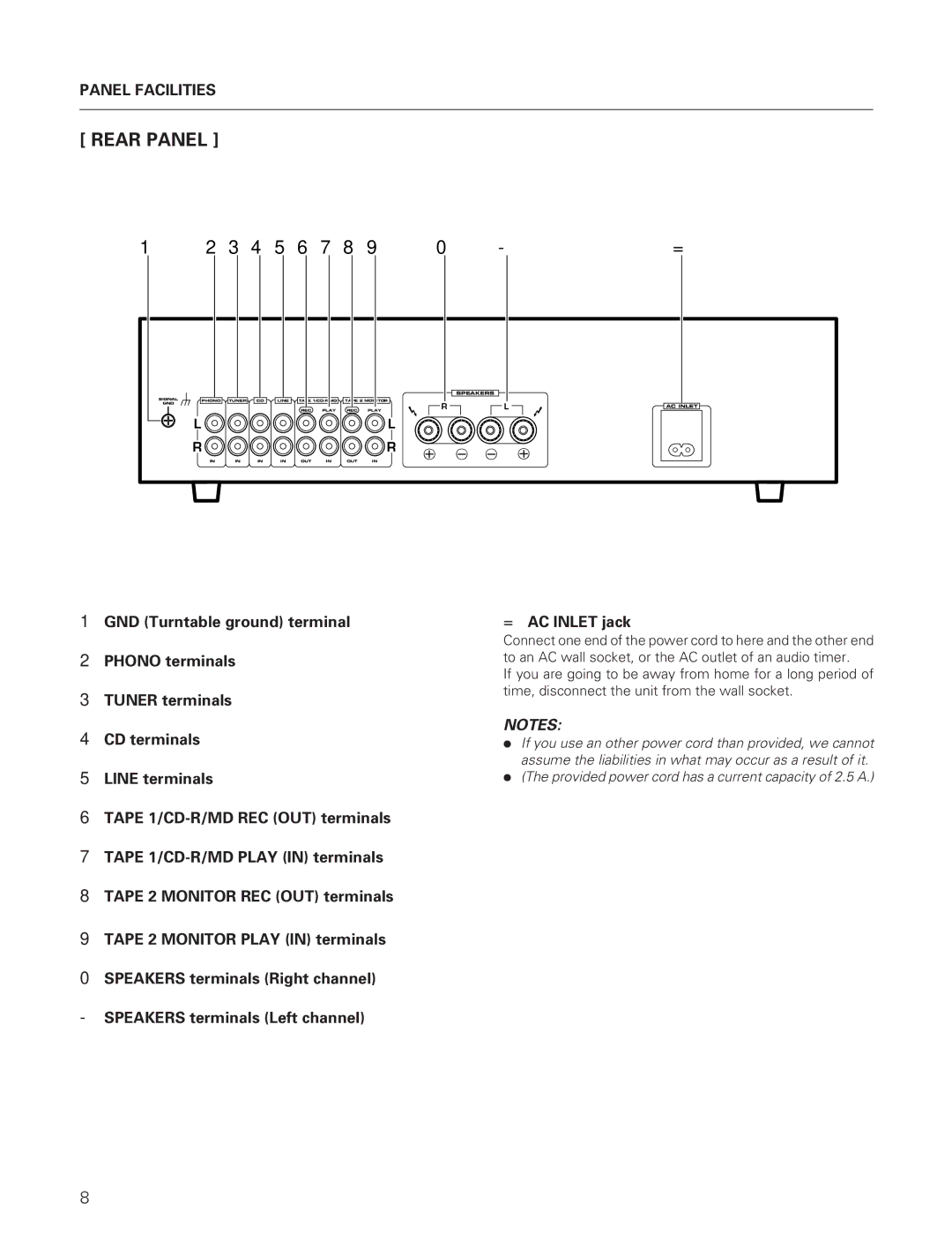 Pioneer A-109 manual Rear Panel, 3 4 5 6 7 8 9 