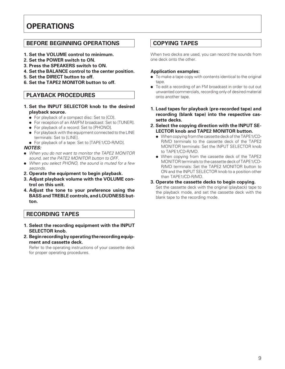 Pioneer A-109 manual Before Beginning Operations, Playback Procedures, Recording Tapes, Copying Tapes 