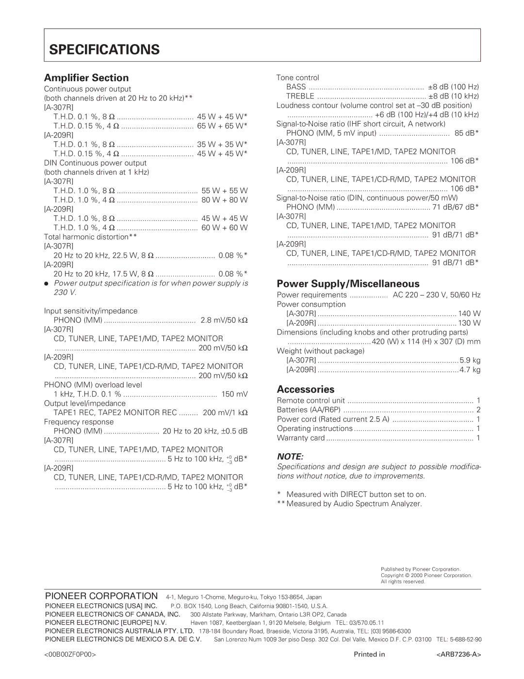 Pioneer A-307R A-209R manual Specifications, Amplifier Section 