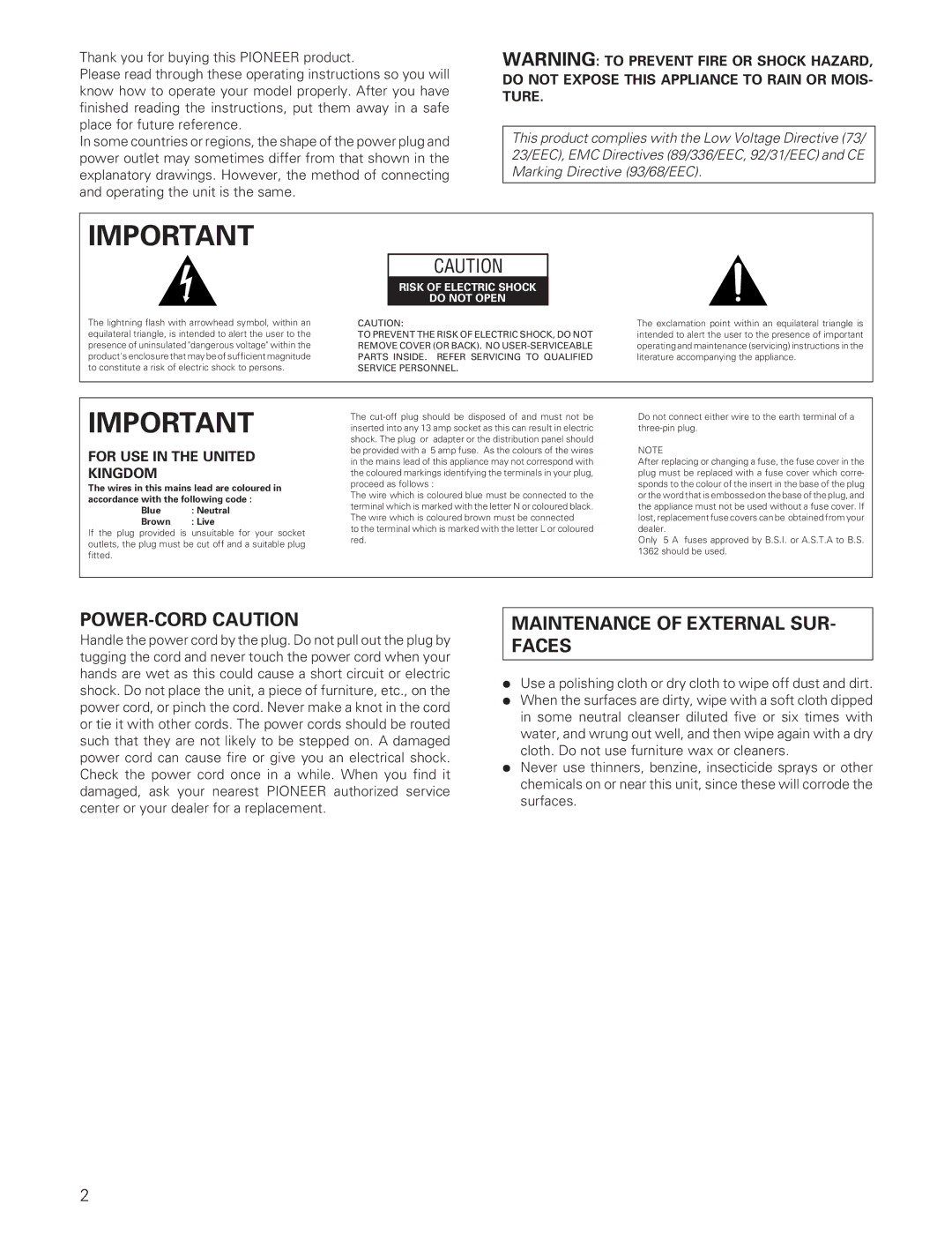 Pioneer A-307R A-209R manual POWER-CORD Caution, Maintenance of External SUR- Faces 