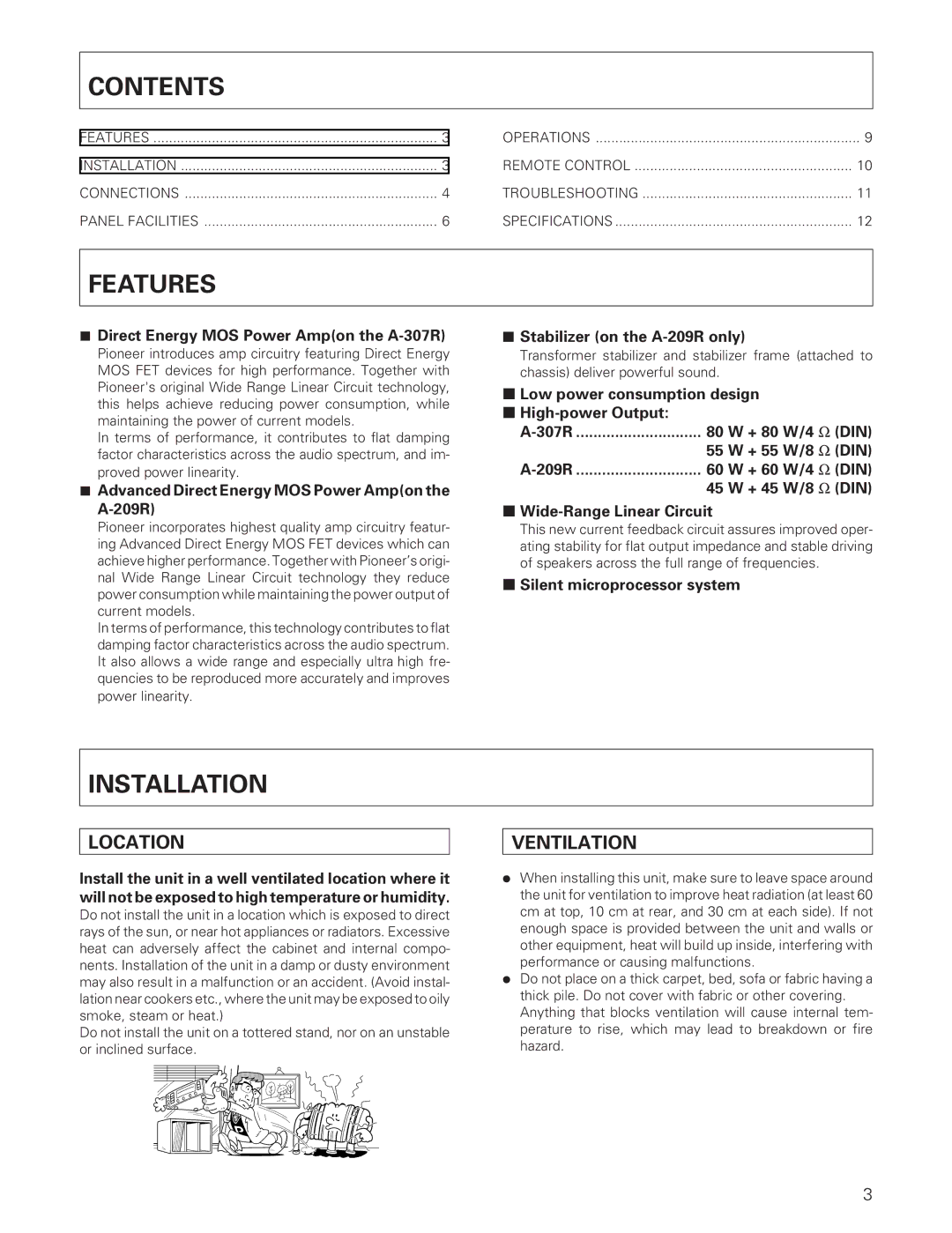 Pioneer A-307R A-209R manual Contents, Features, Installation 