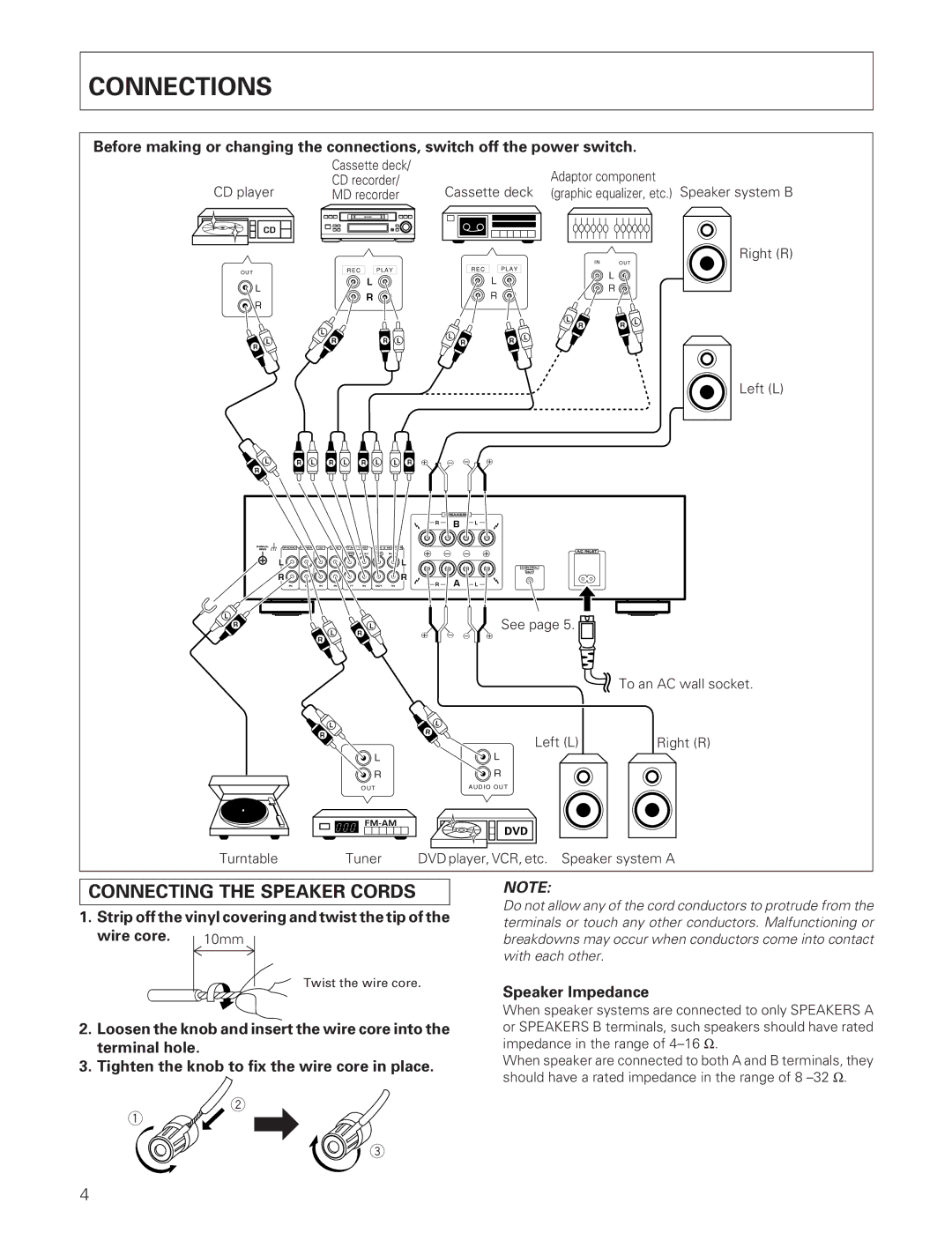 Pioneer A-307R A-209R manual Connections, Connecting the Speaker Cords, Speaker Impedance 